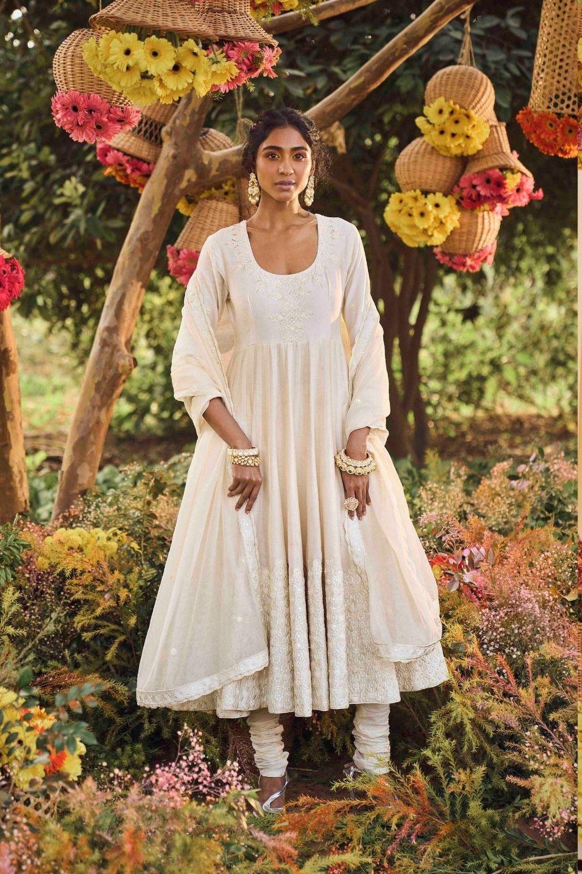 Ivory Anarkali With Organza Silk Dupatta