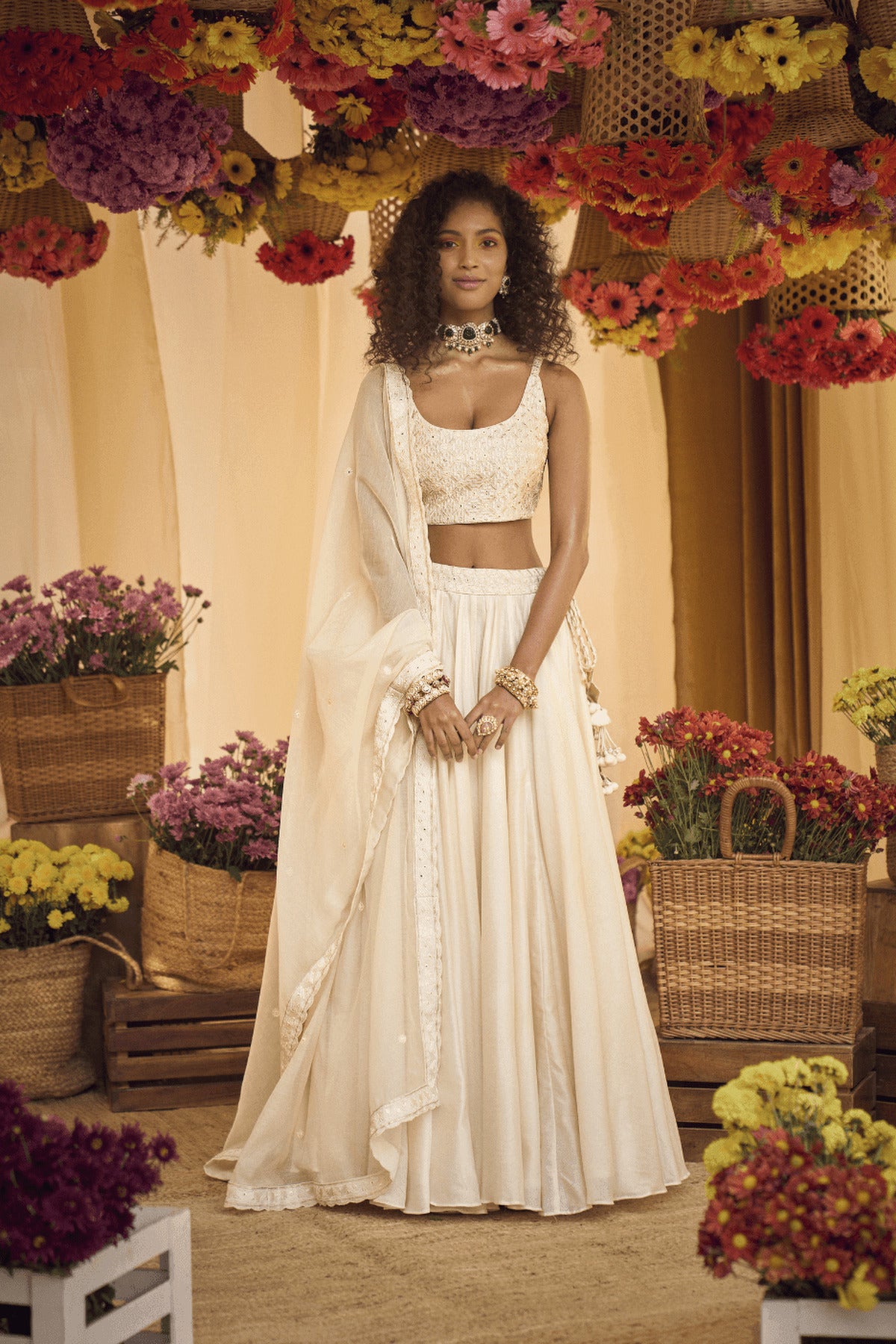 Ivory Chanderi Silk Lehenga With Blouse And Oganza Silk Dupatta