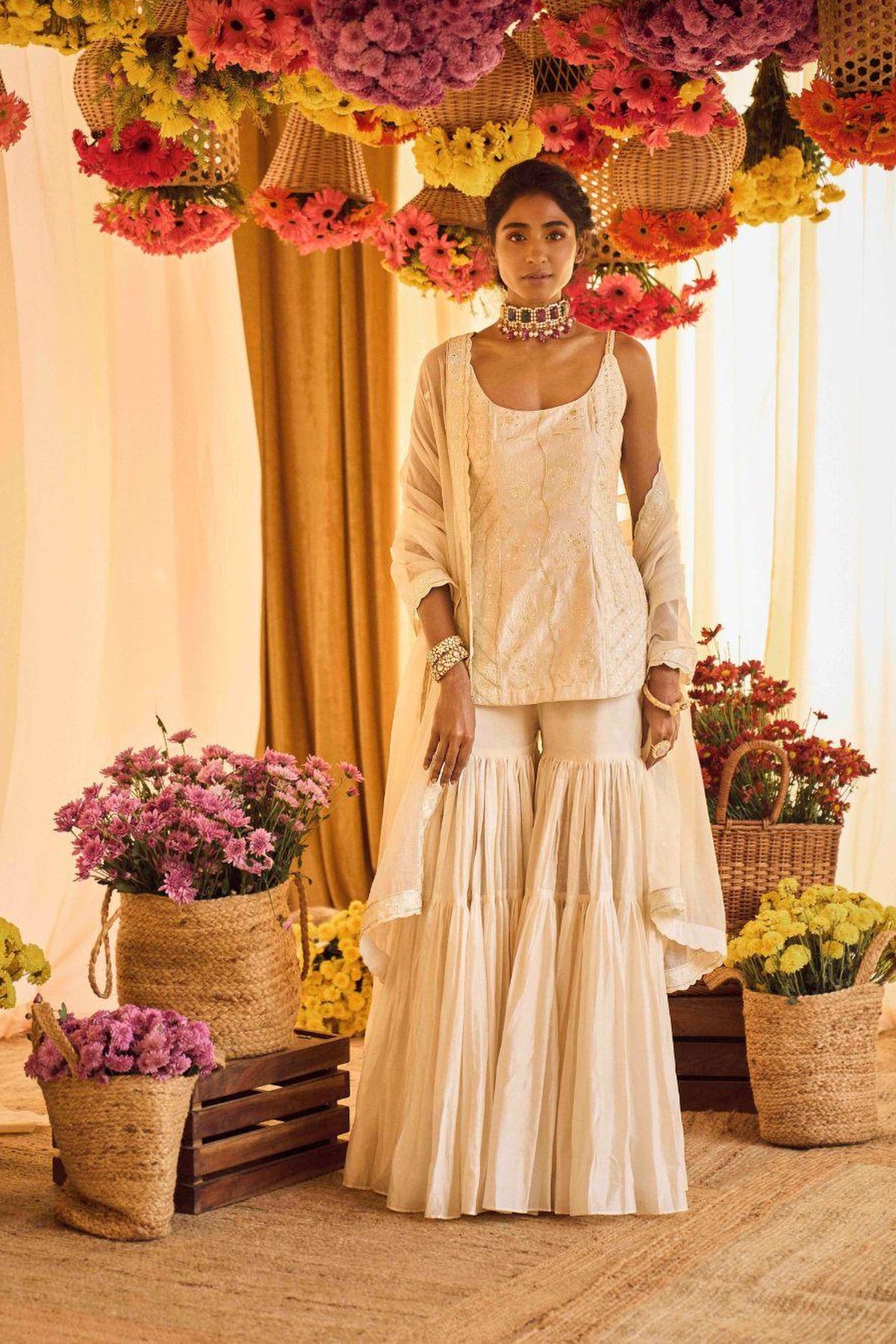 Ivory Kurti With Gharara And Organza Silk Dupatta