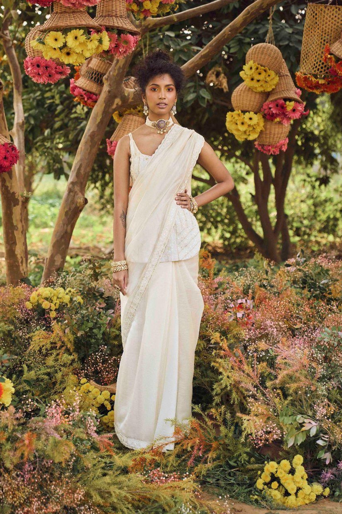 Ivory Organza Silk Saree With Short Kurti