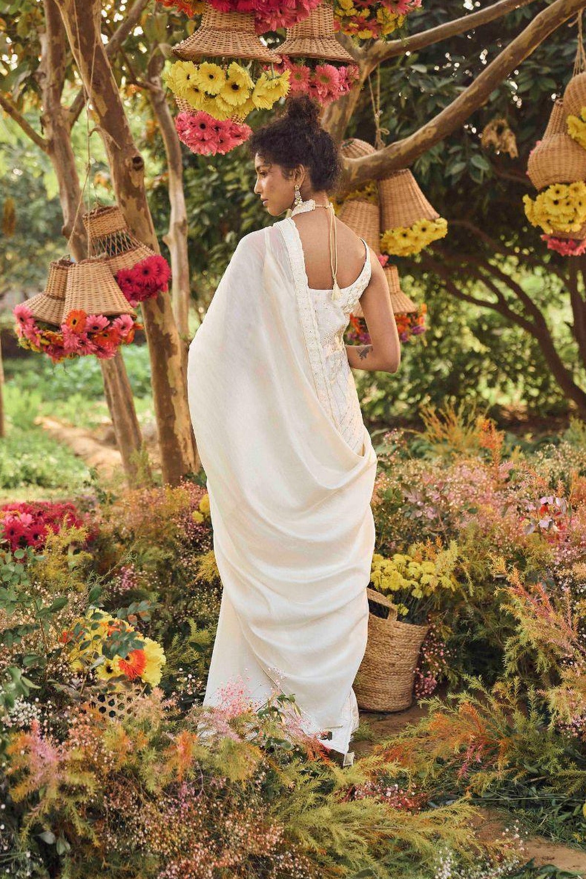 Ivory Organza Silk Saree With Short Kurti