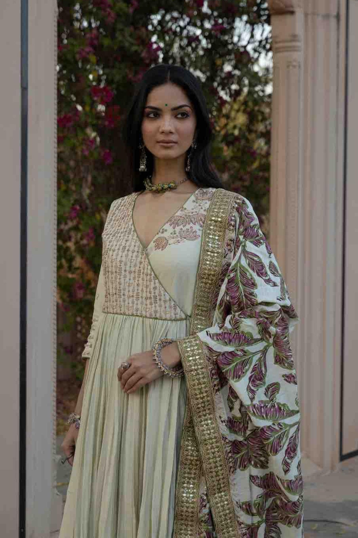 Marodi Work Angrakha With Printed Churidar And Dupatta