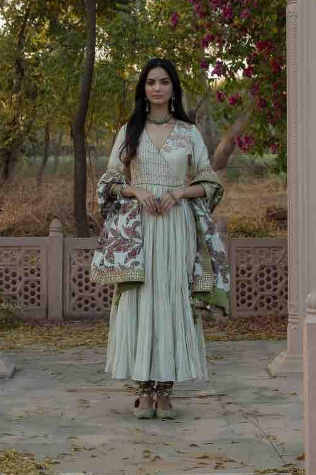 Marodi Work Angrakha With Printed Churidar And Dupatta