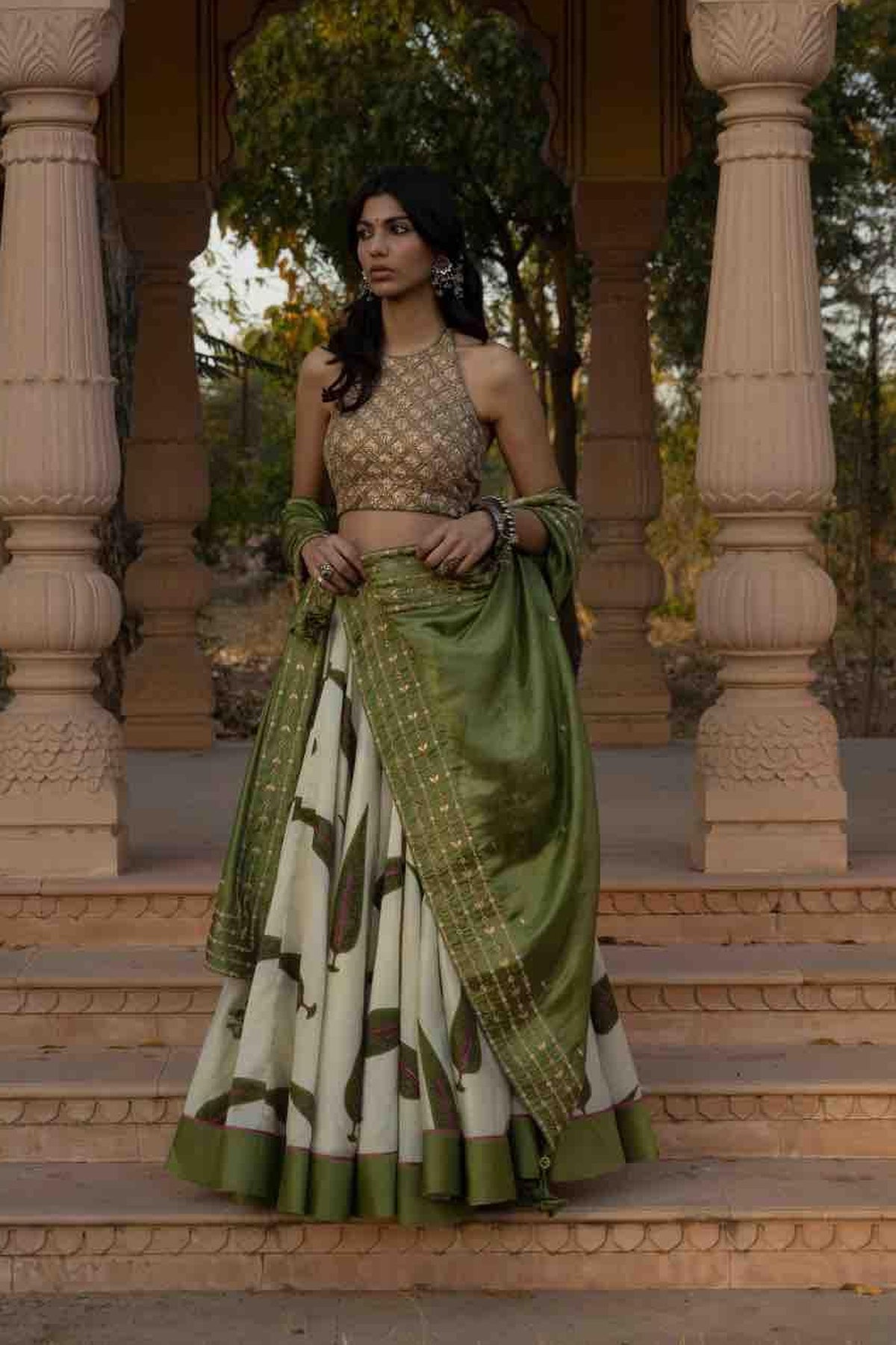 Marodi Work Leaf Print Lehenga Set