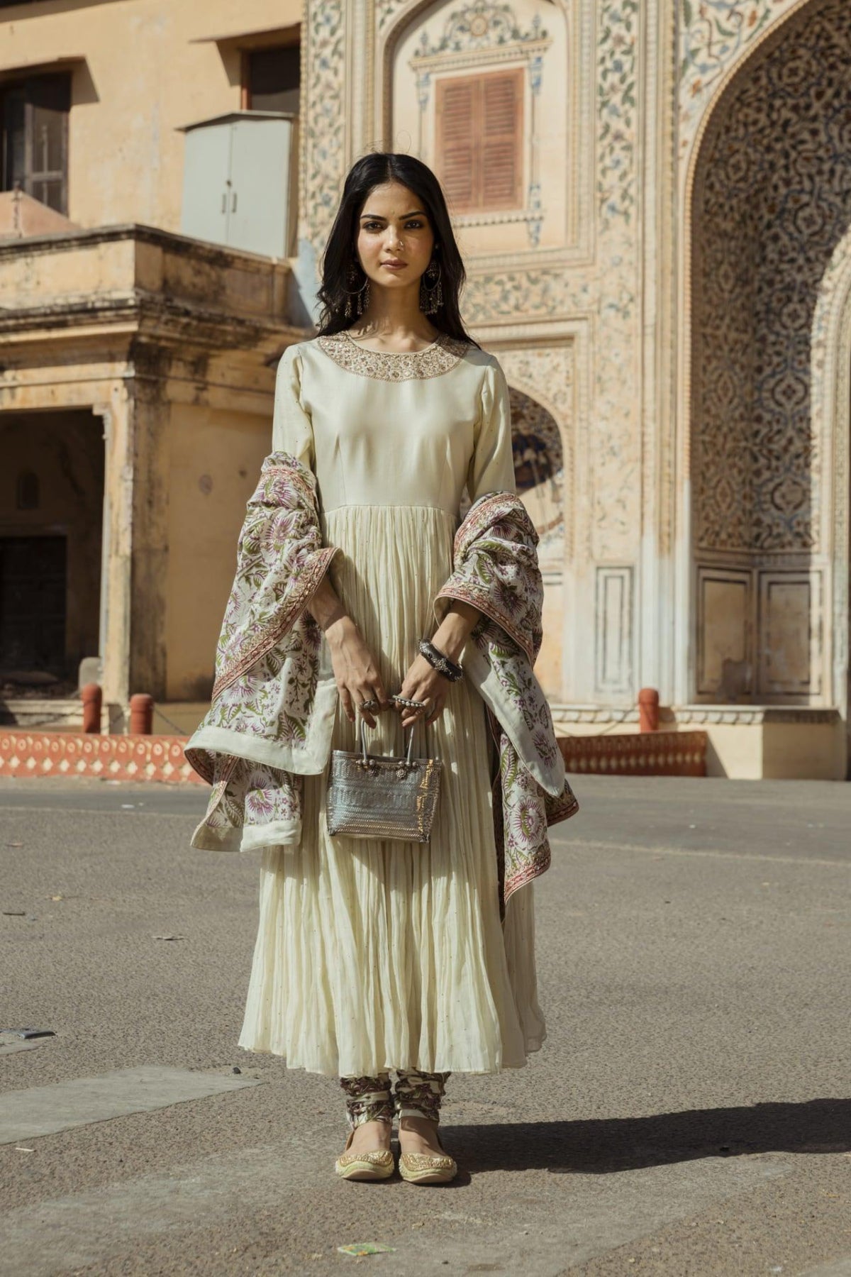 Mint Anarkali With Churidar And Printed Dupatta
