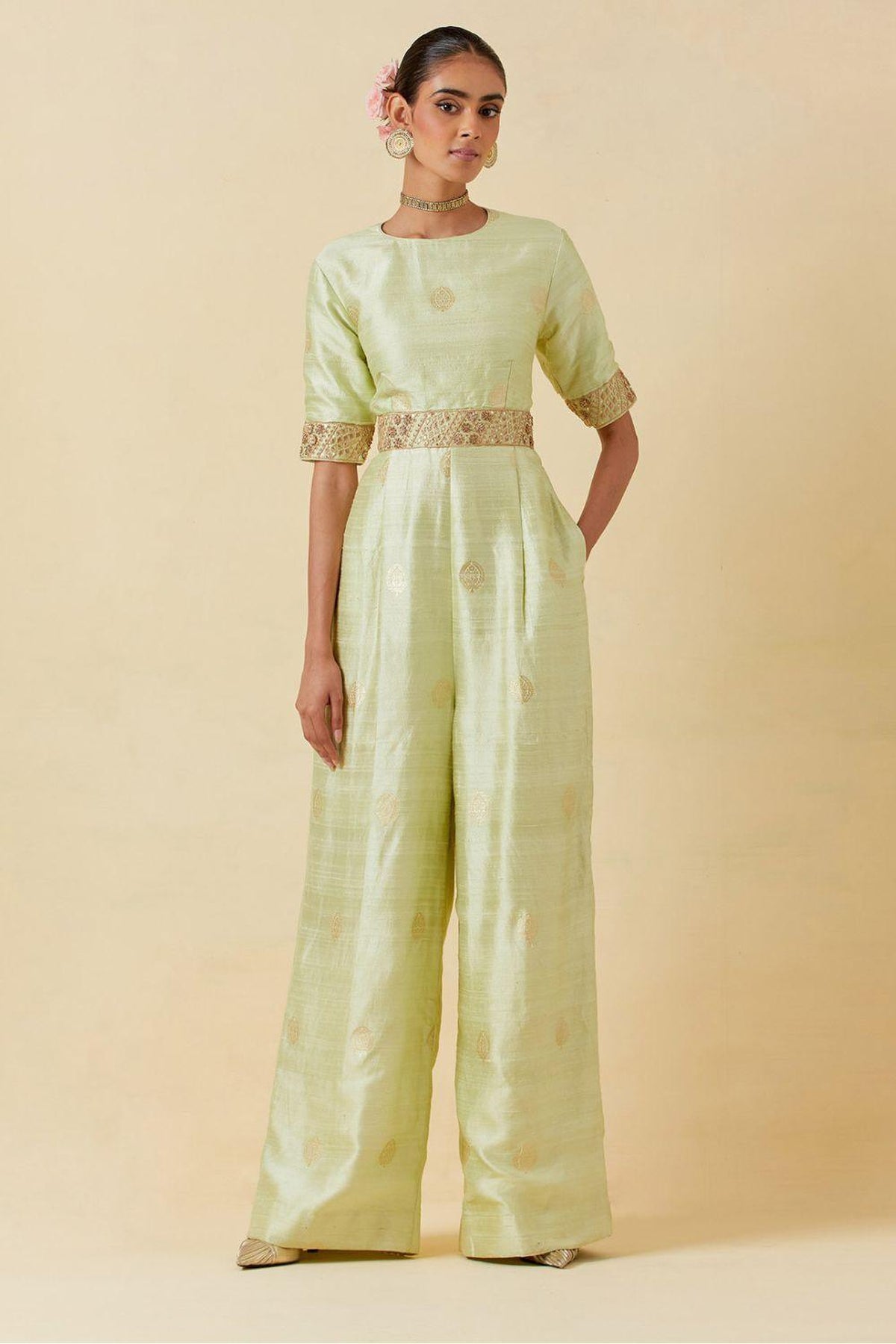 Mint Banarasi Silk Jumpsuit