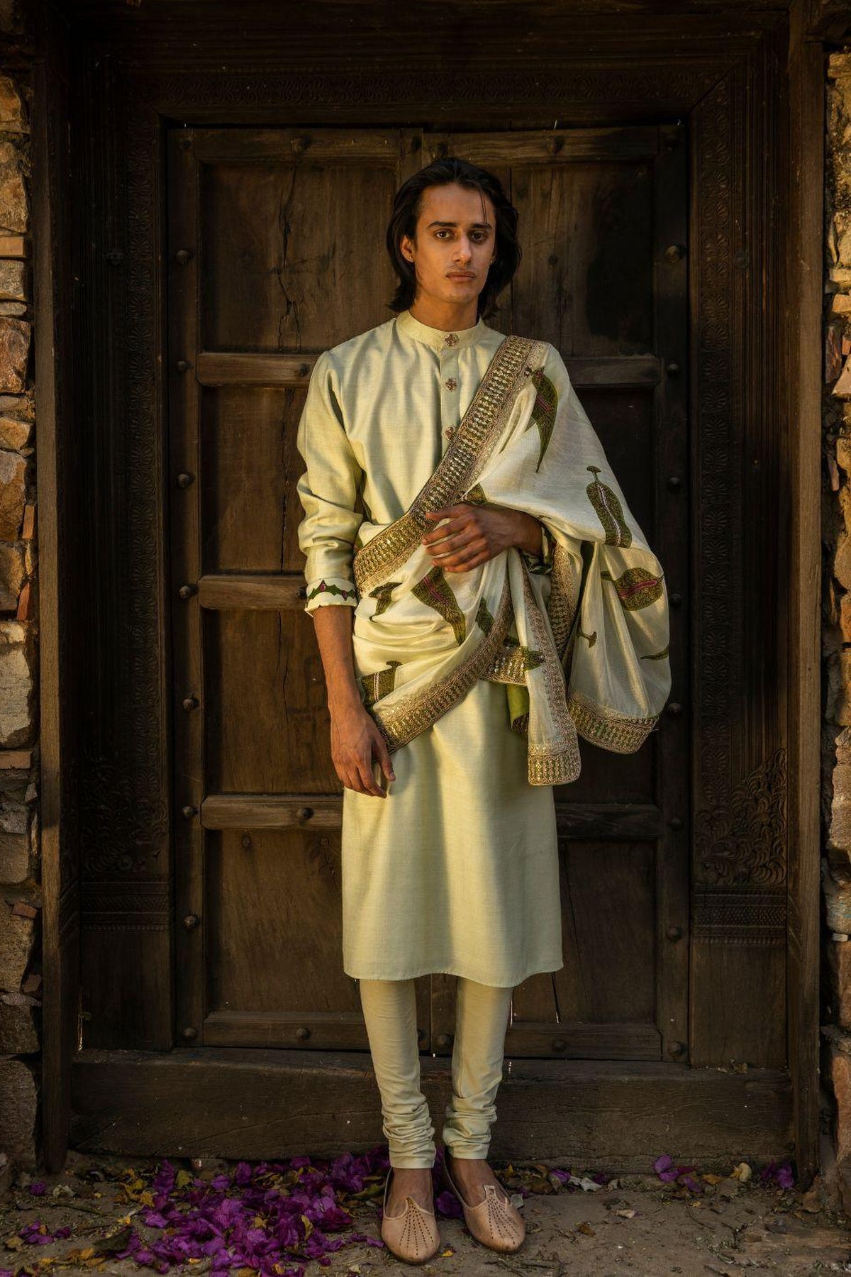 Mint Kurta  Embellished Buttons With Churidar And Marodi Work Stole