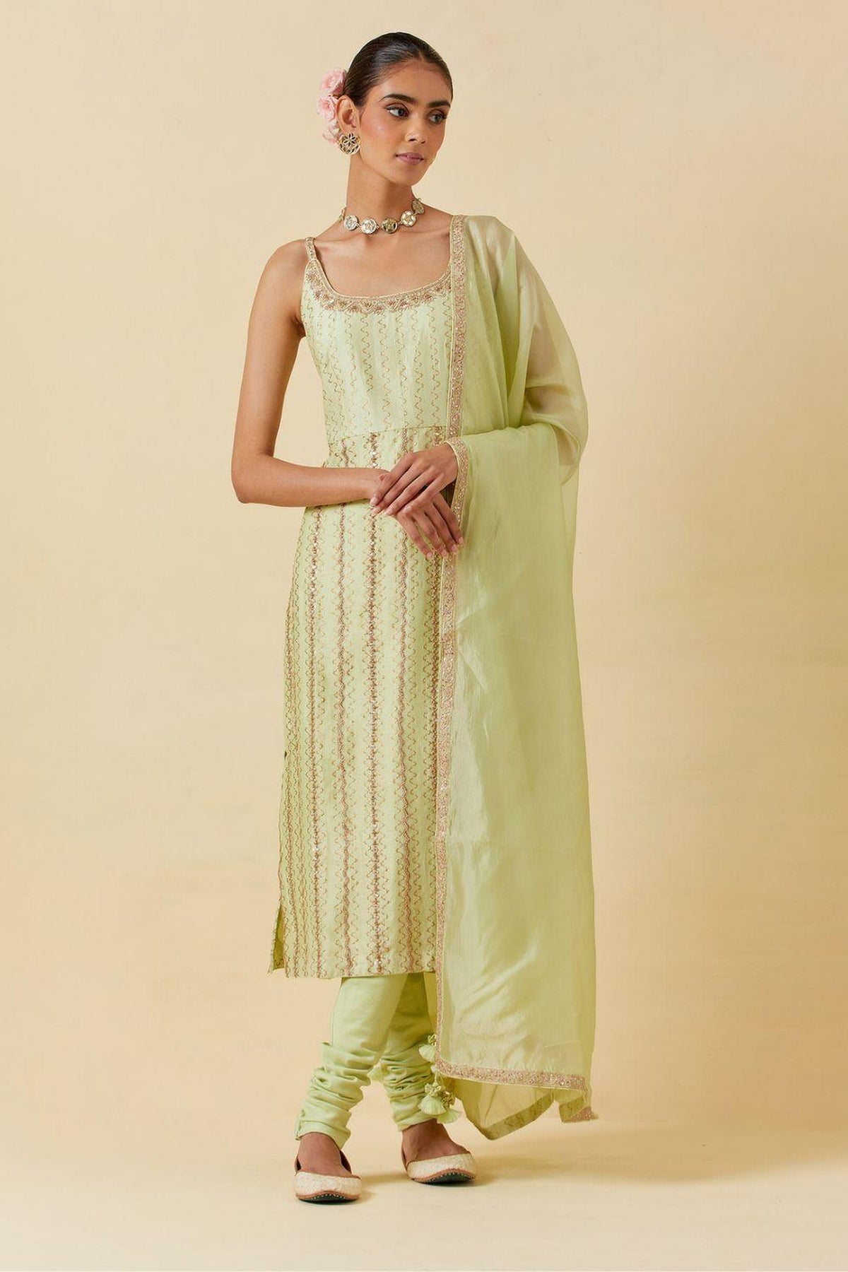 Mint Printed Kurta With Dupatta & Churidar