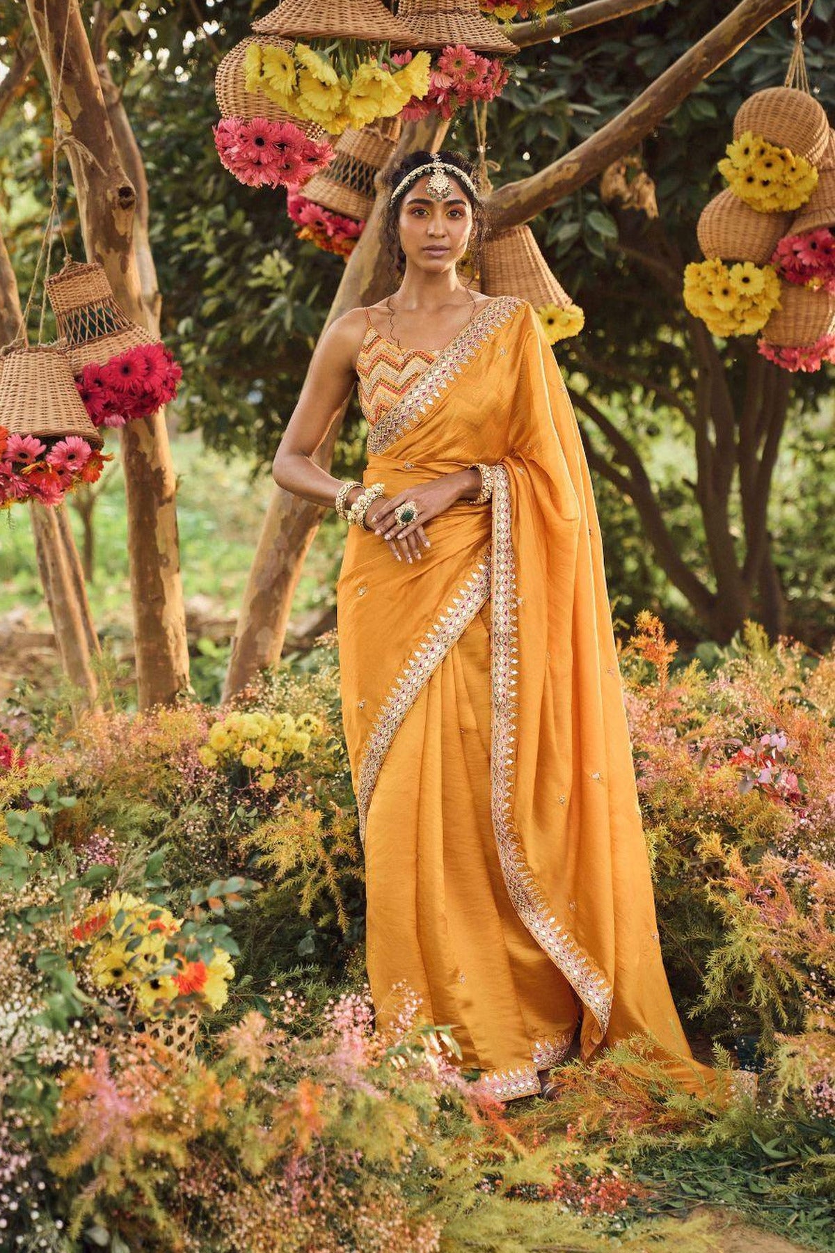 Mustard Organza Silk Saree With Embellished Blouse