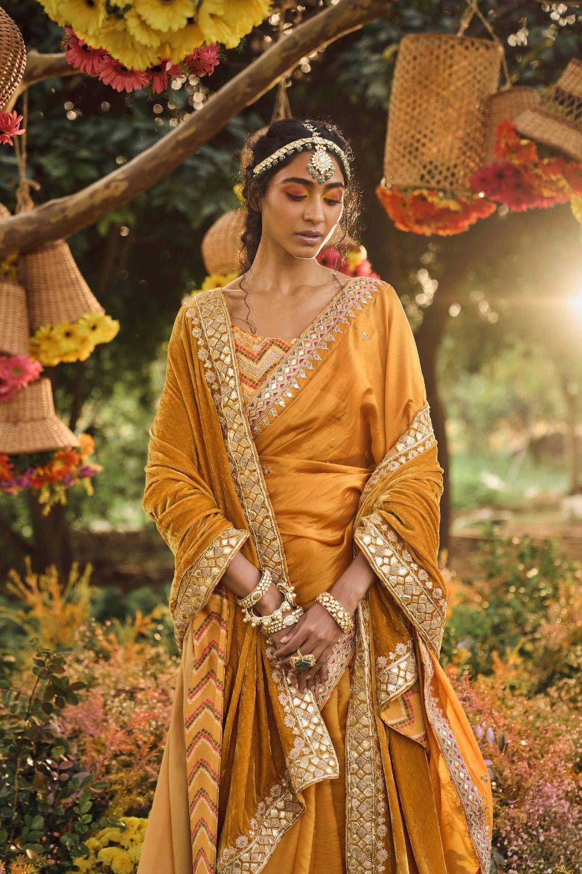 Mustard Organza Silk Saree With Embellished Blouse