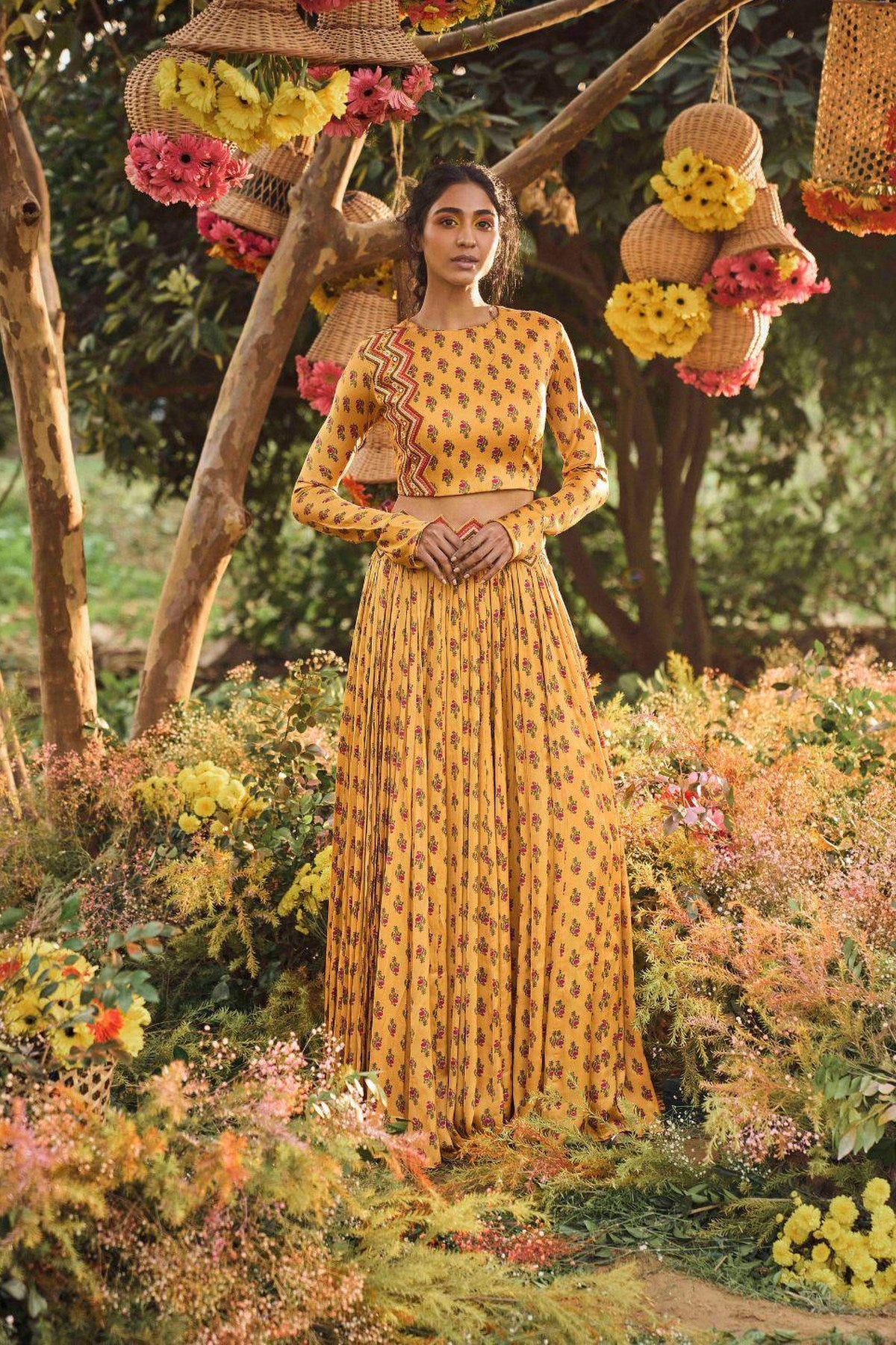 Mustard Printed Crop Top With Skirt