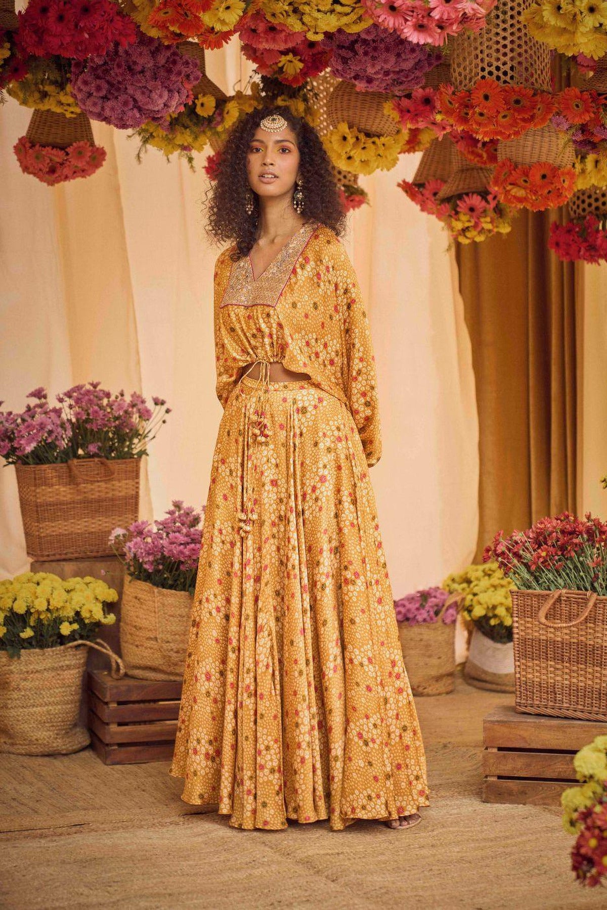 Mustard Printed Crop Top With Skirt