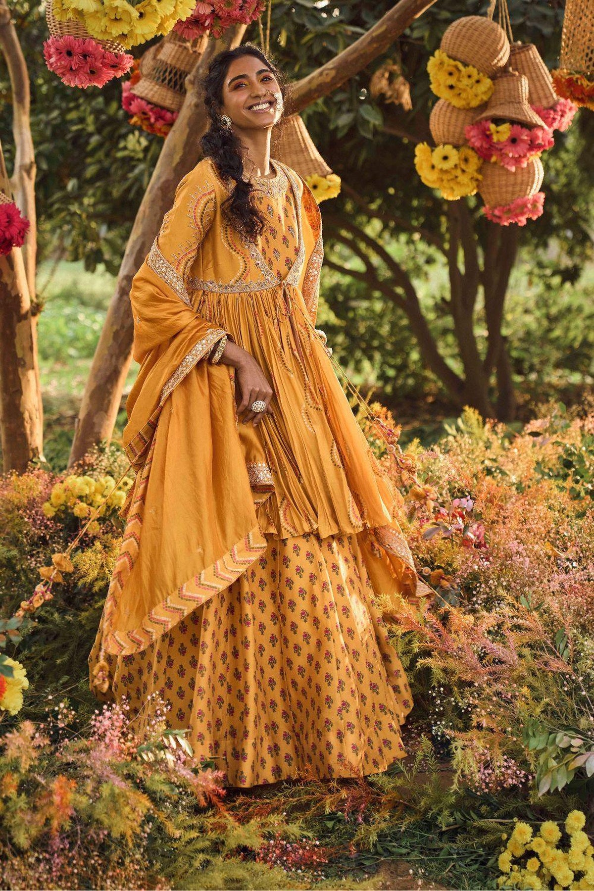 Mustard Printed Long Anarkali With Angrakha Jacket And Organza Silk Dupatta