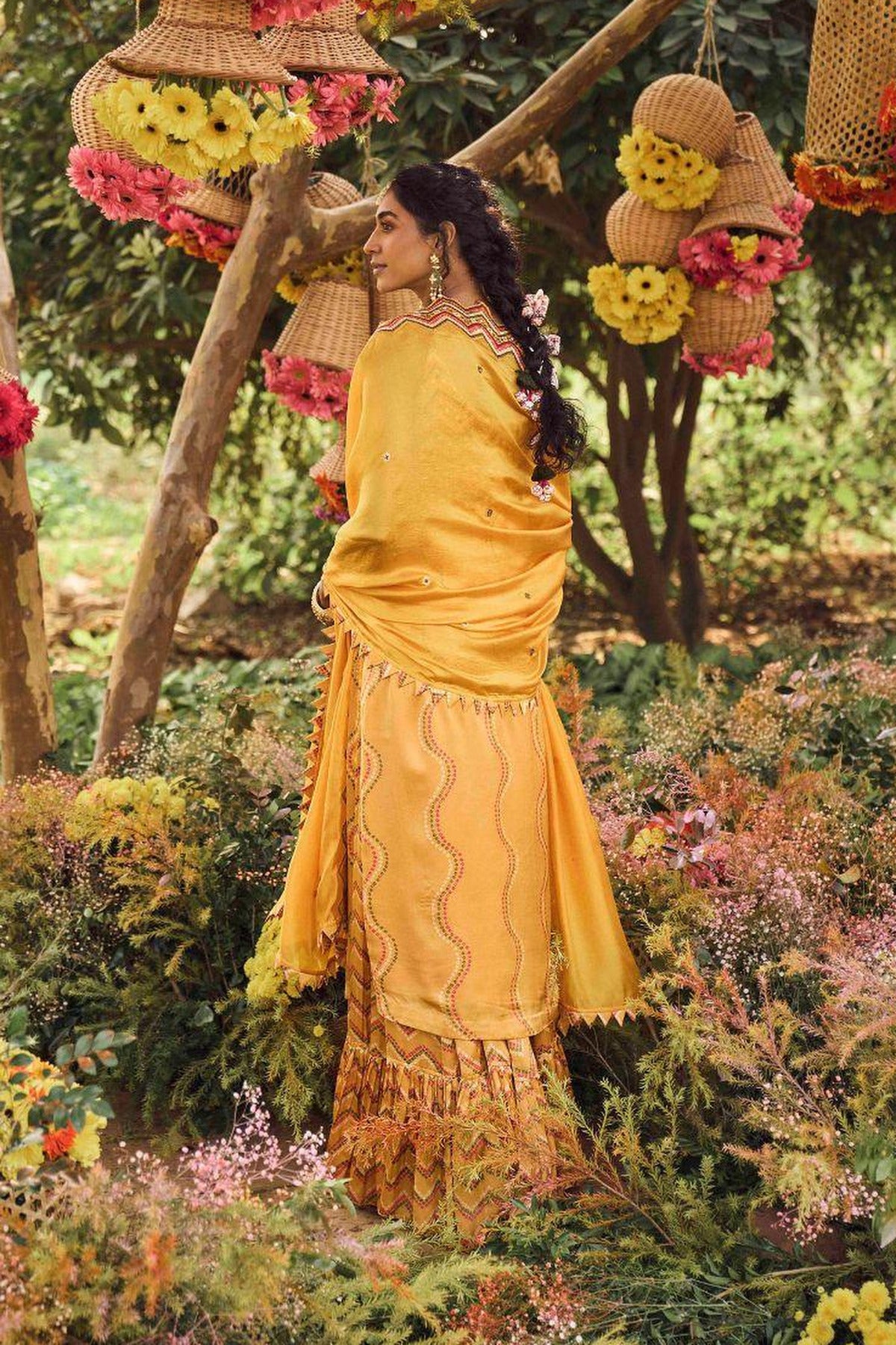 Mustard Strappy Kurta With Printed Gharara And Organza Silk Dupatta