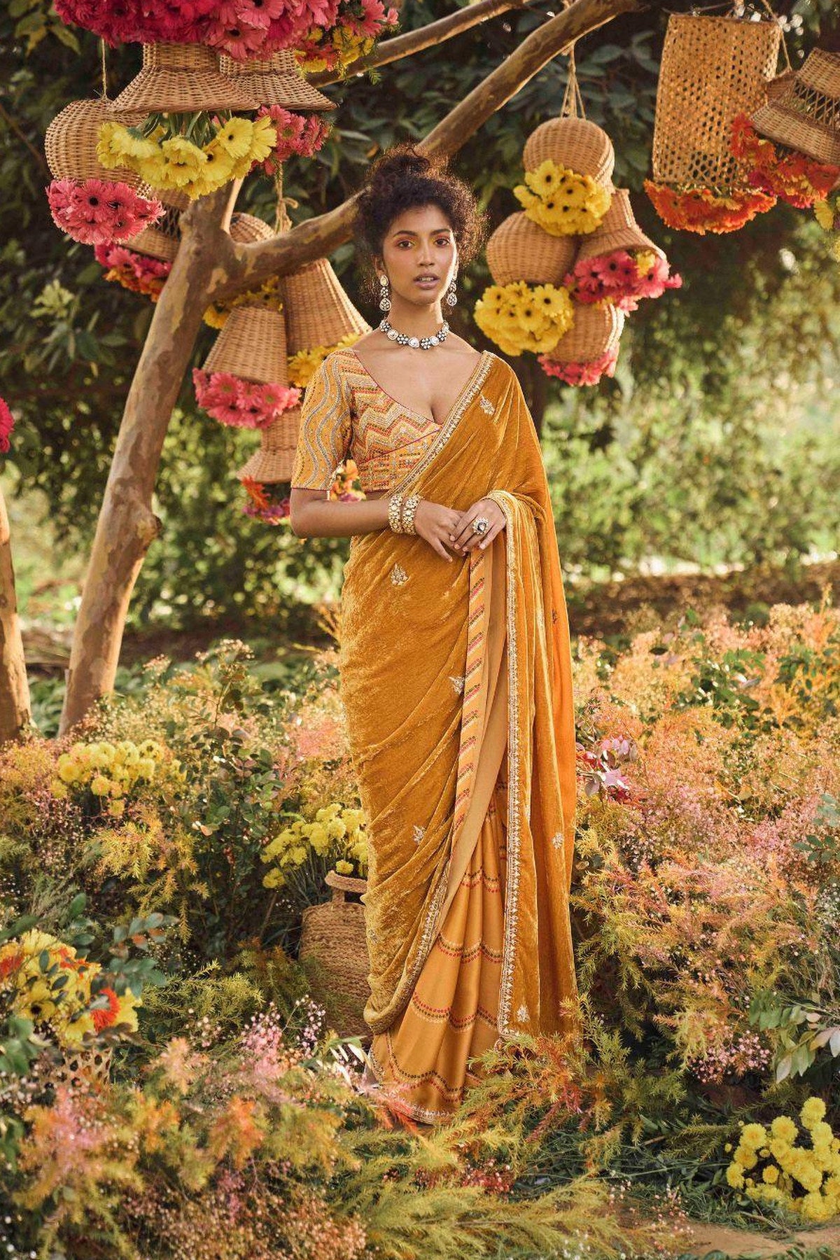 Mustard Velvet Palla Saree With Heavy Blouse