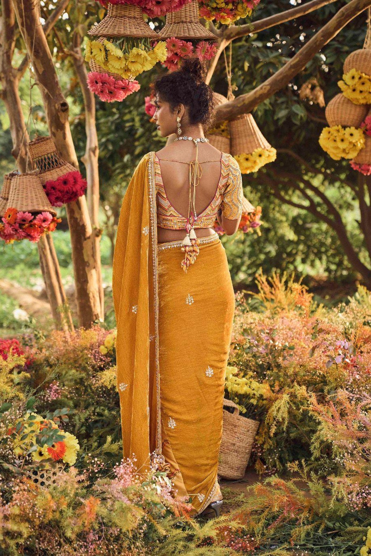 Mustard Velvet Palla Saree With Heavy Blouse