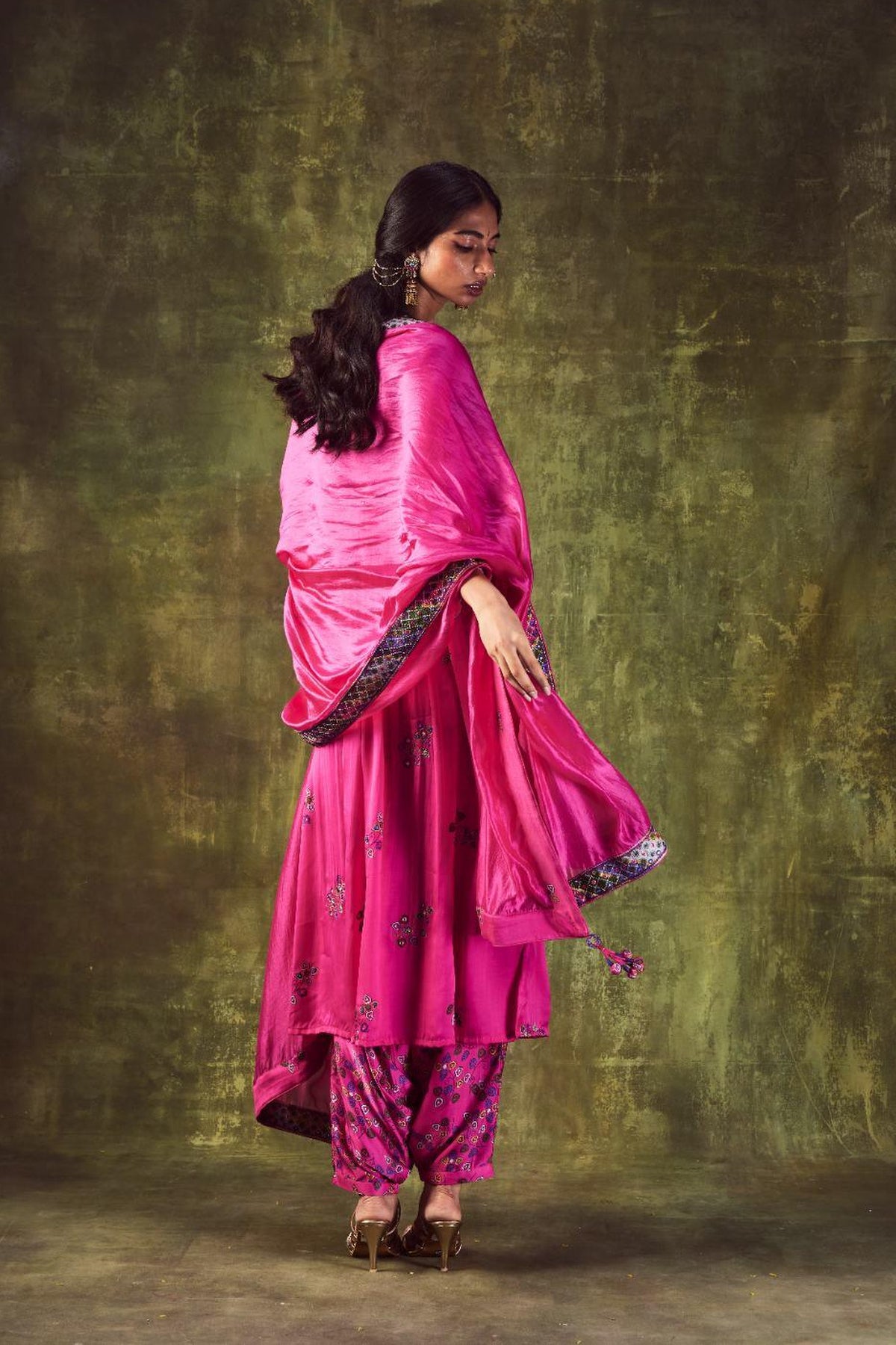 Pink Printed Anarkali & Cowl Pants