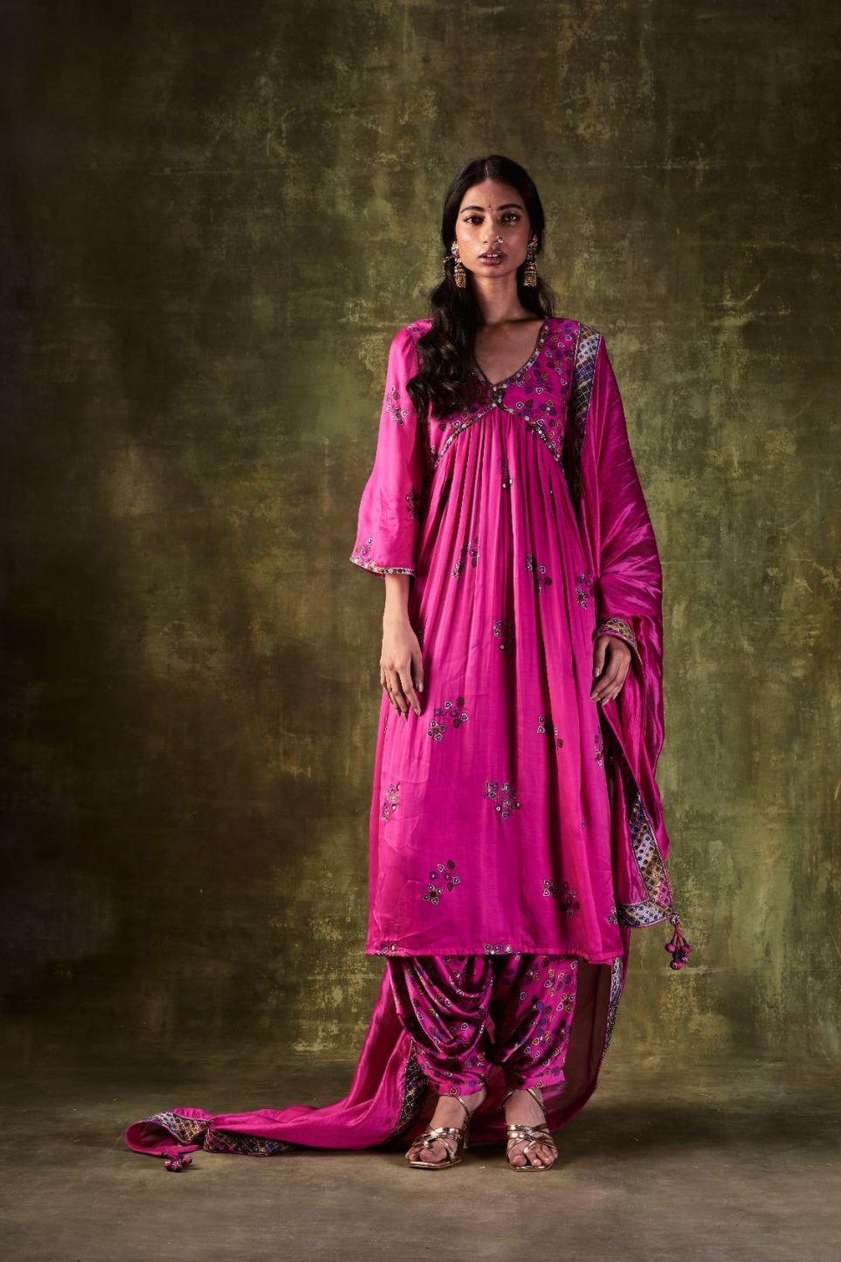 Pink Printed Anarkali & Cowl Pants