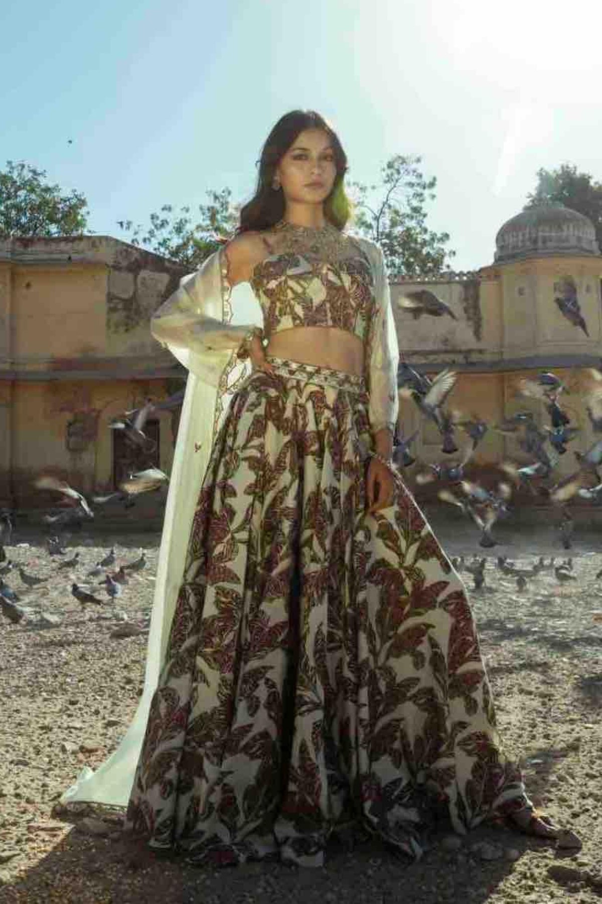 Printed Bralette And Skirt With Cape