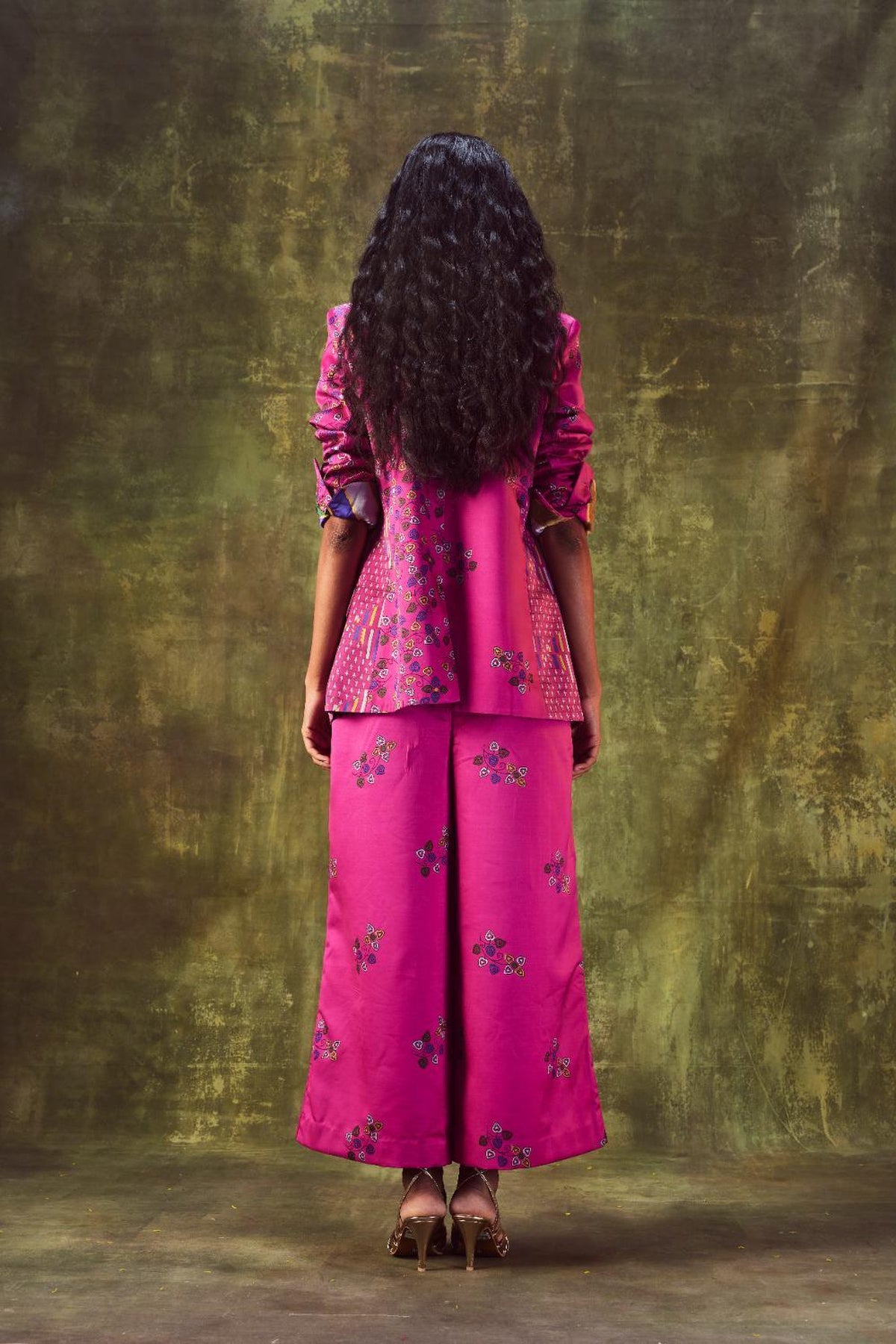 Printed Jacket With Cowl Neck Top Paired With Wide Leg Pants