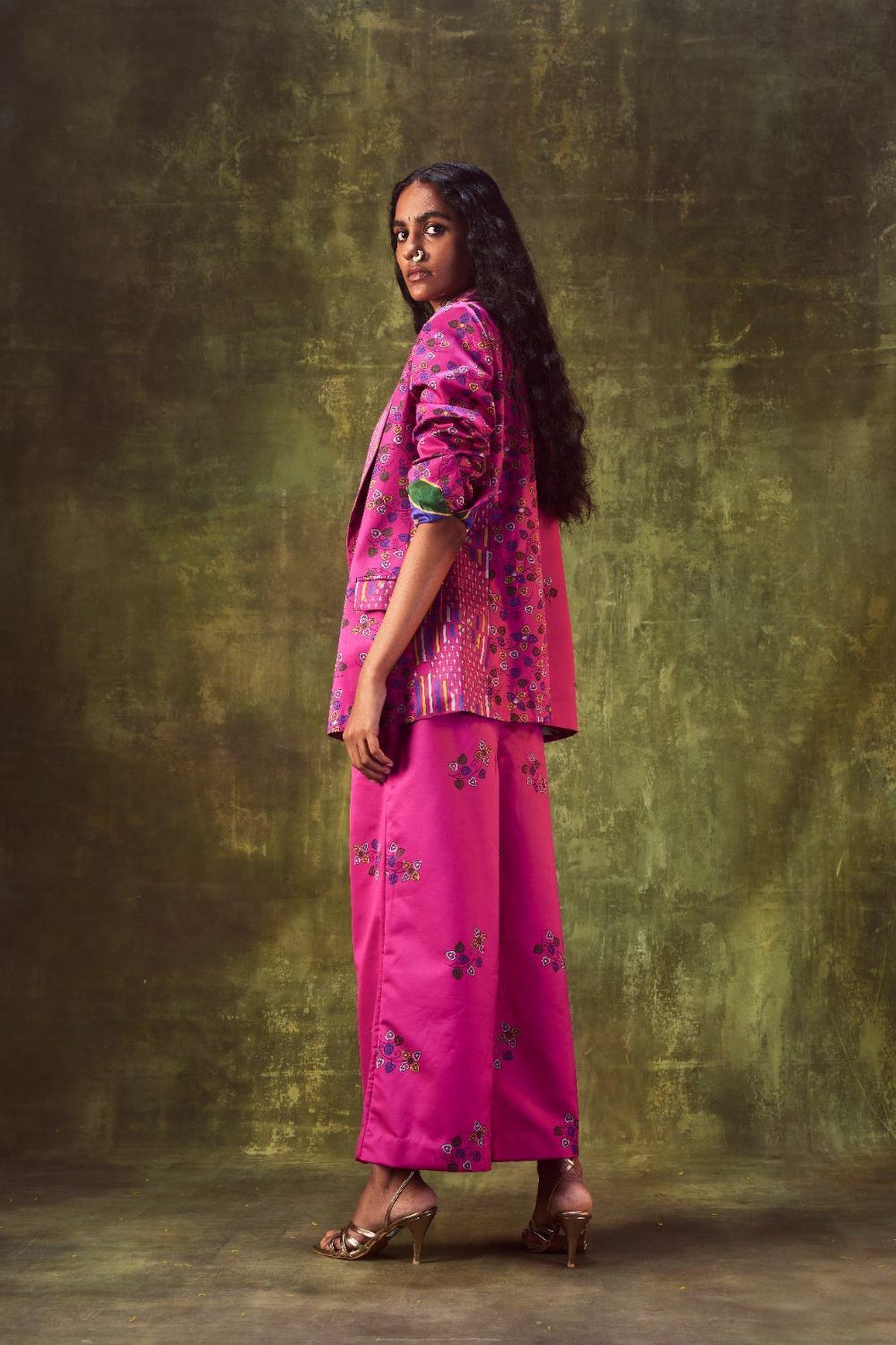 Printed Jacket With Cowl Neck Top Paired With Wide Leg Pants