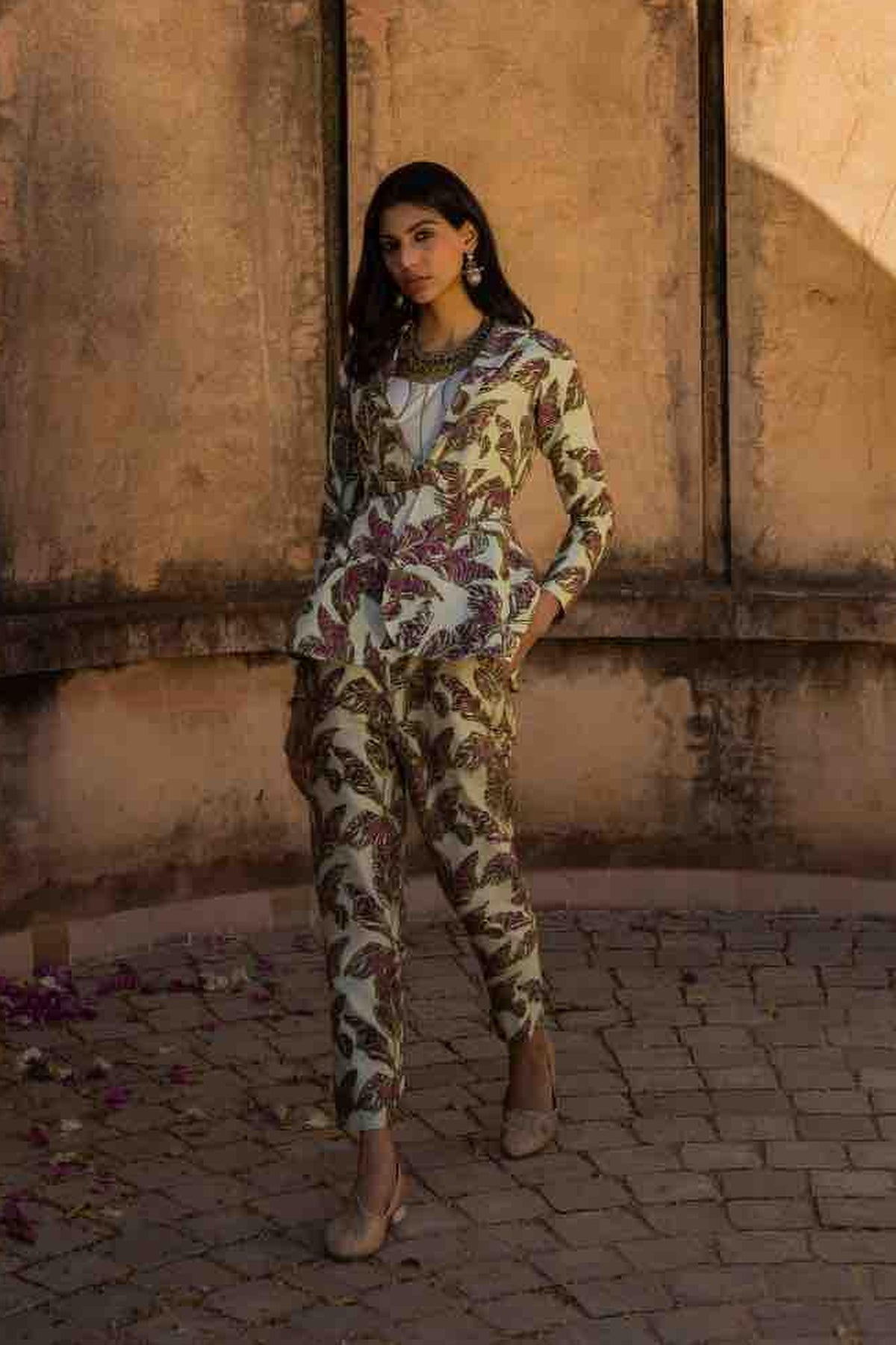 Printed Peplum Jacket And Pants With Solid Bralette