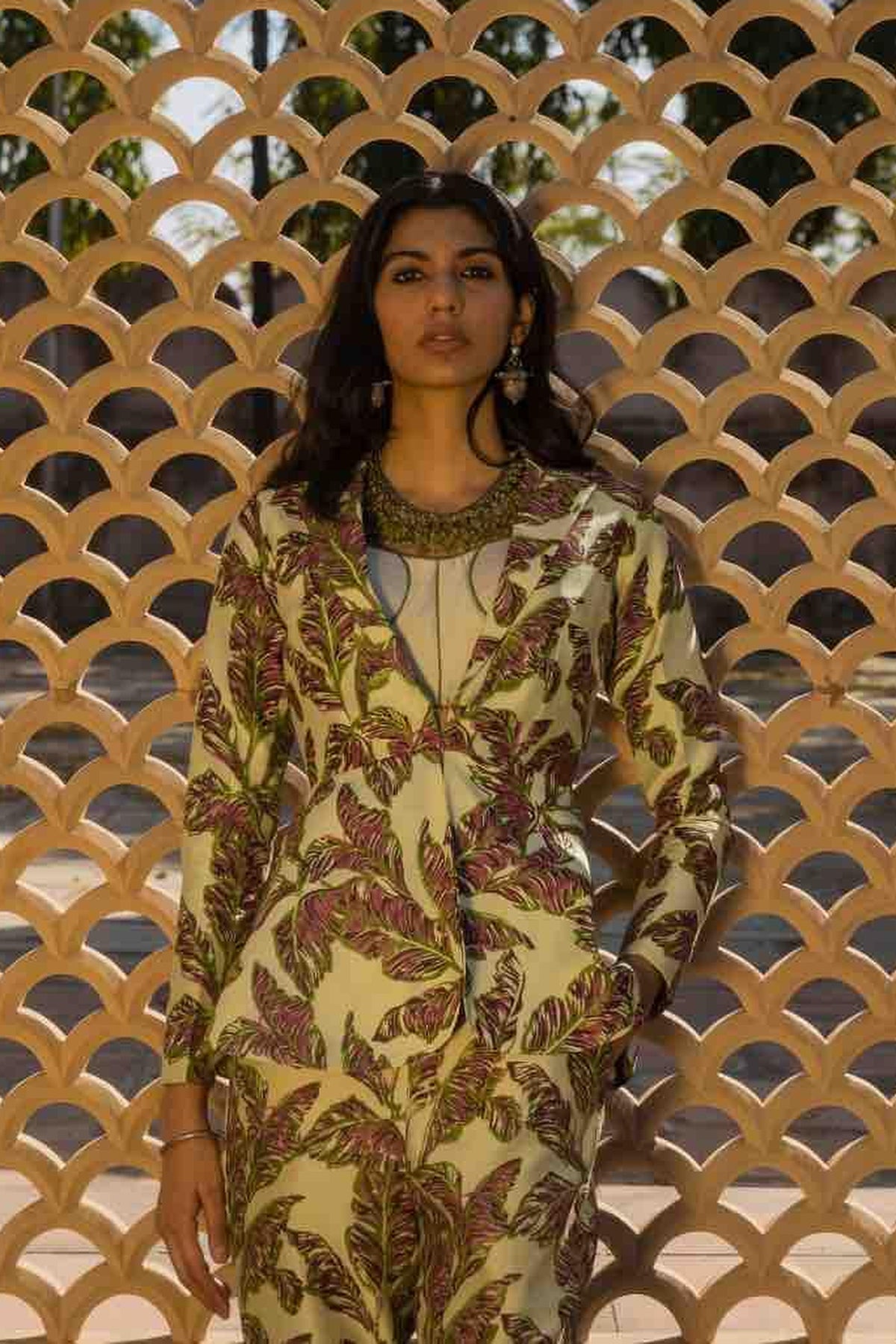 Printed Peplum Jacket And Pants With Solid Bralette