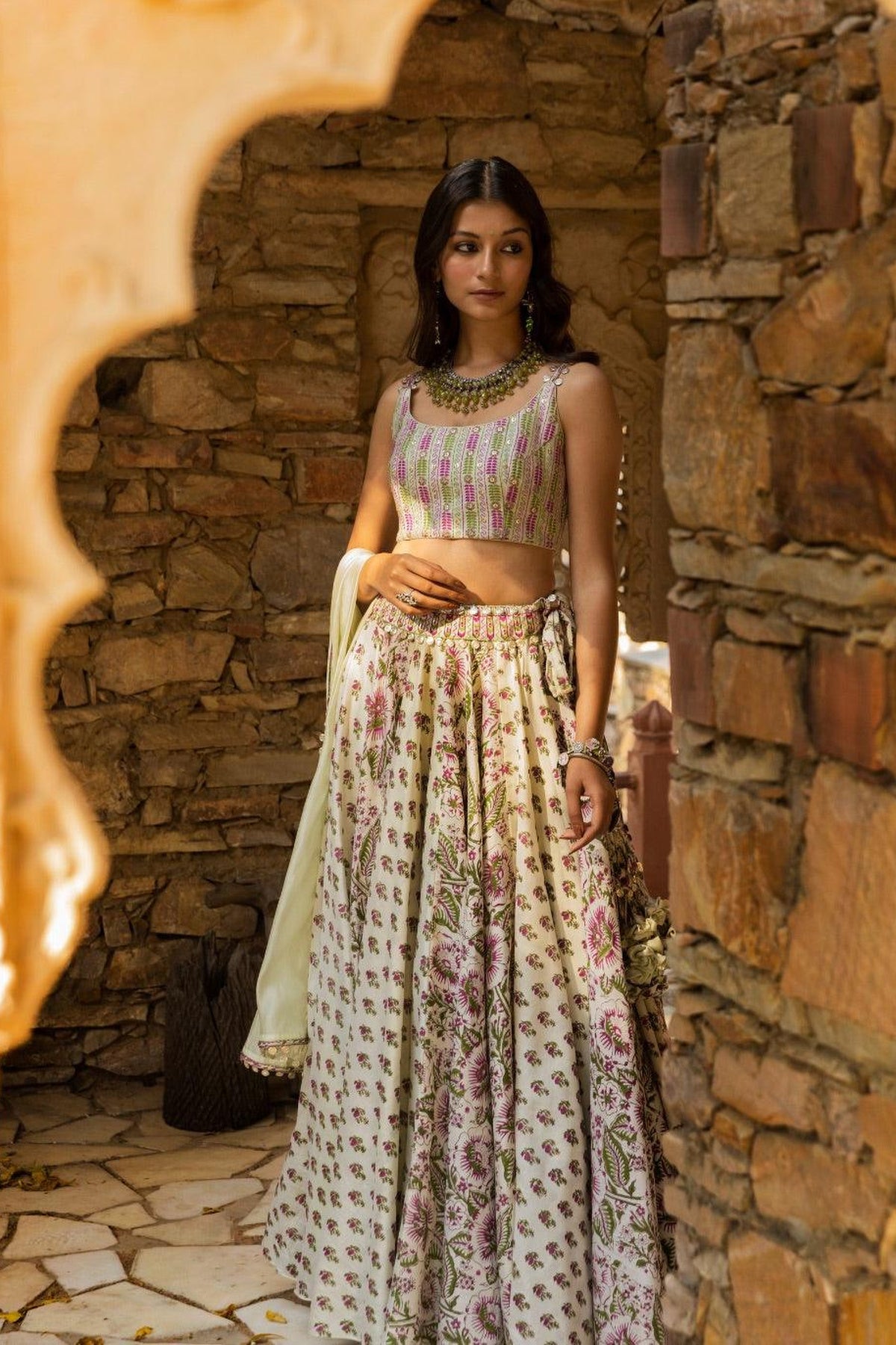 Resham Work Blouse With Printed Lehenga And Organza Silk Dupatta