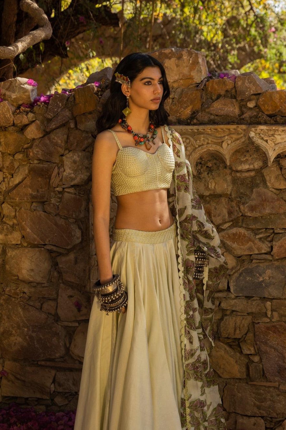 Resham Work Bralette With Lehenga And Printed Dupatta