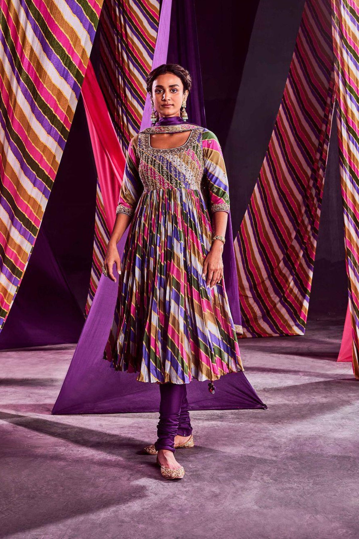 Stripes Printed Heavy Anarkali With Dupatta & Churidar