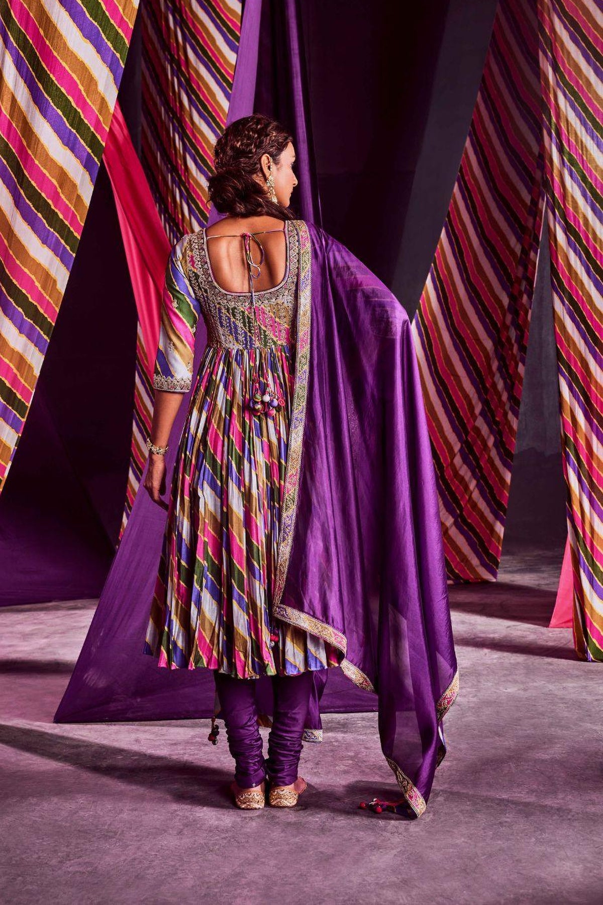 Stripes Printed Heavy Anarkali With Dupatta & Churidar