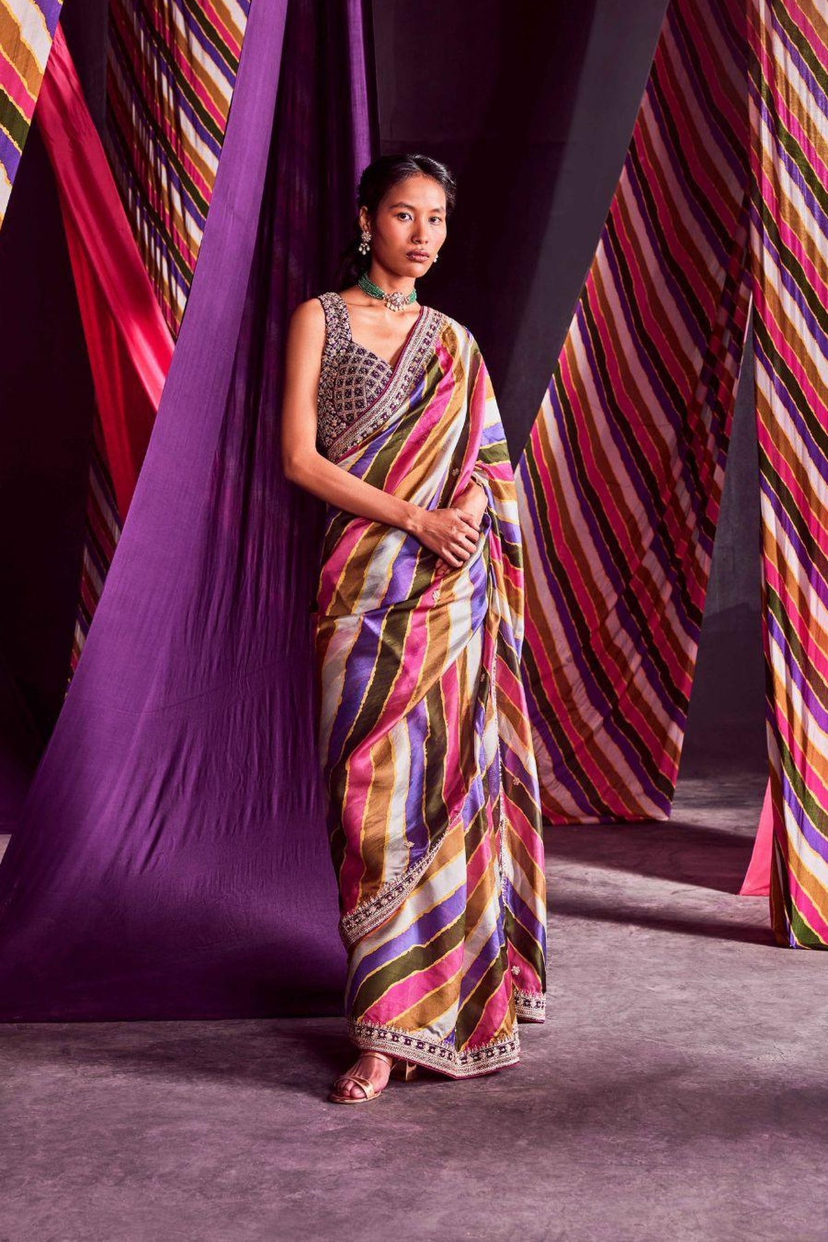 Stripes Printed Saree Set