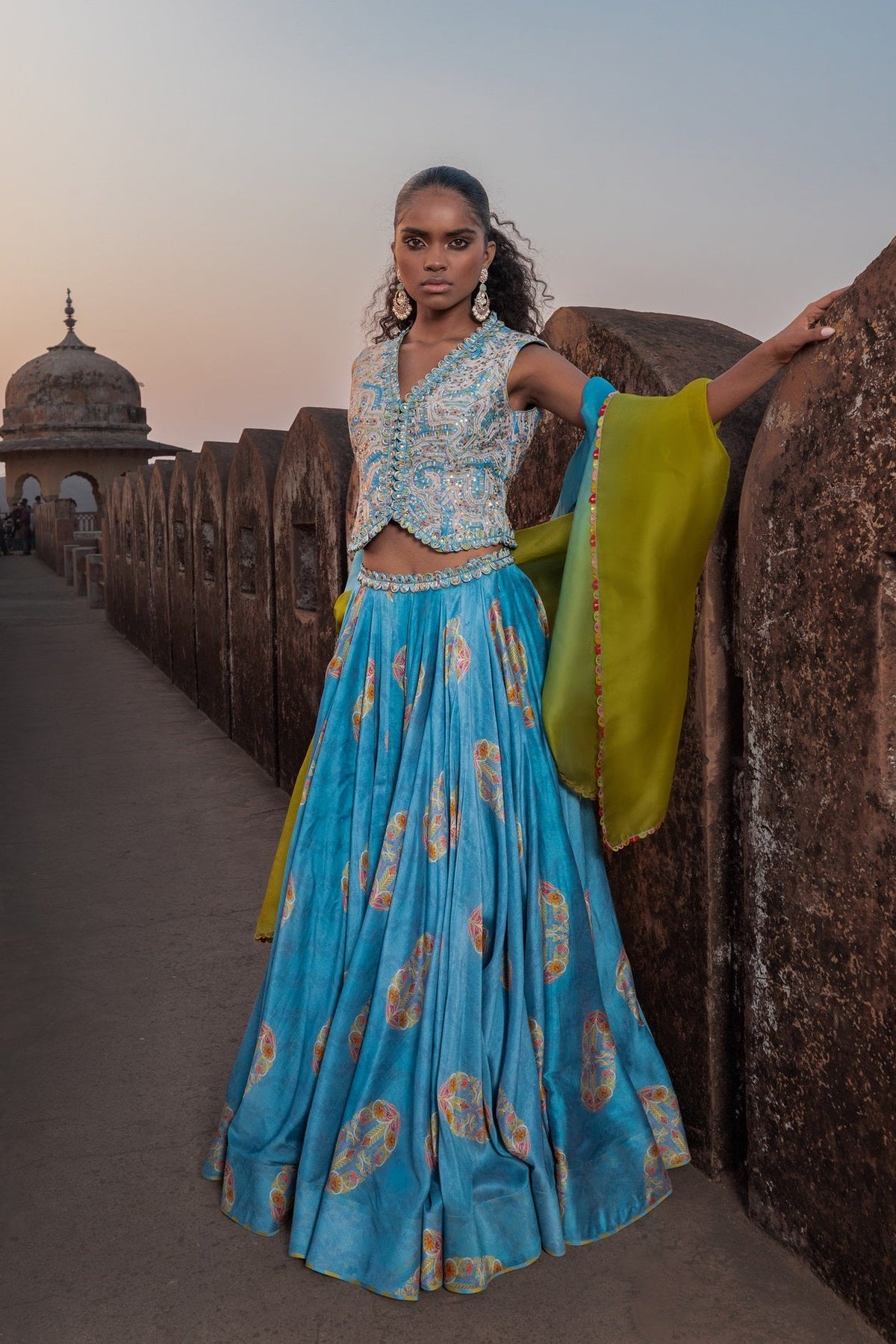 Mist Blue Waistcoat Lehenga Set
