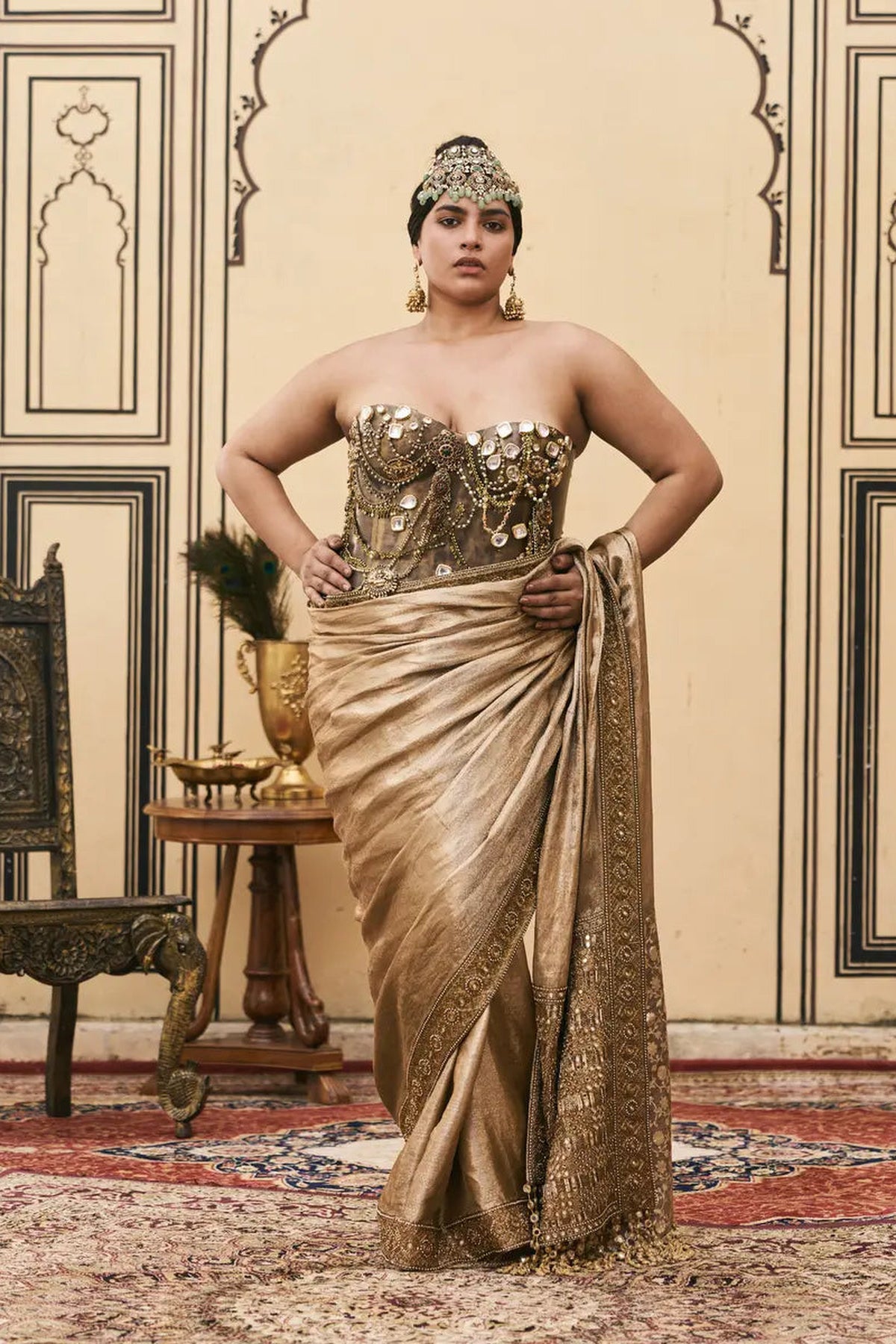 Puratan Tissue Brocade Metal Corset Saree Set