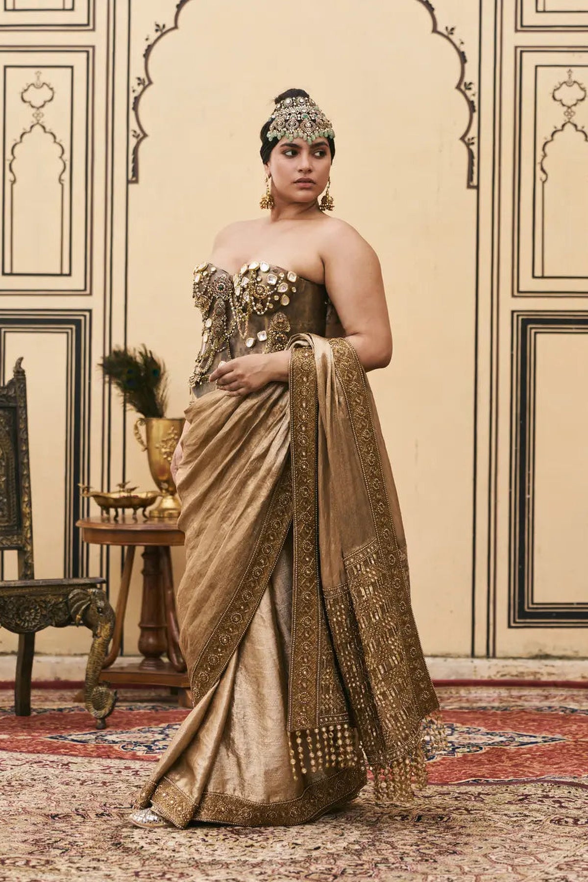 Puratan Tissue Brocade Metal Corset Saree Set