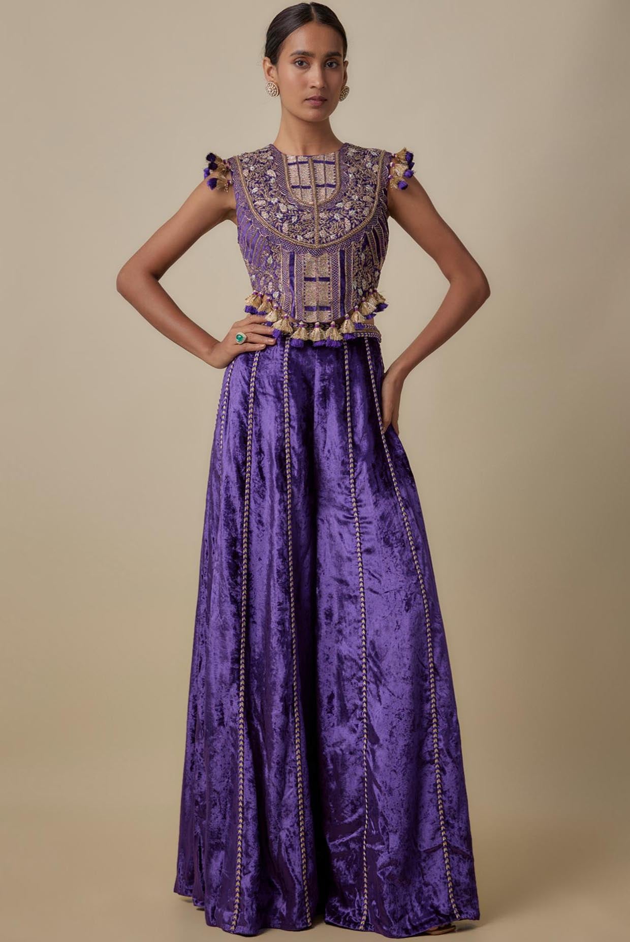 Purple Embroidered Choli With Embroidered Sharara Pant