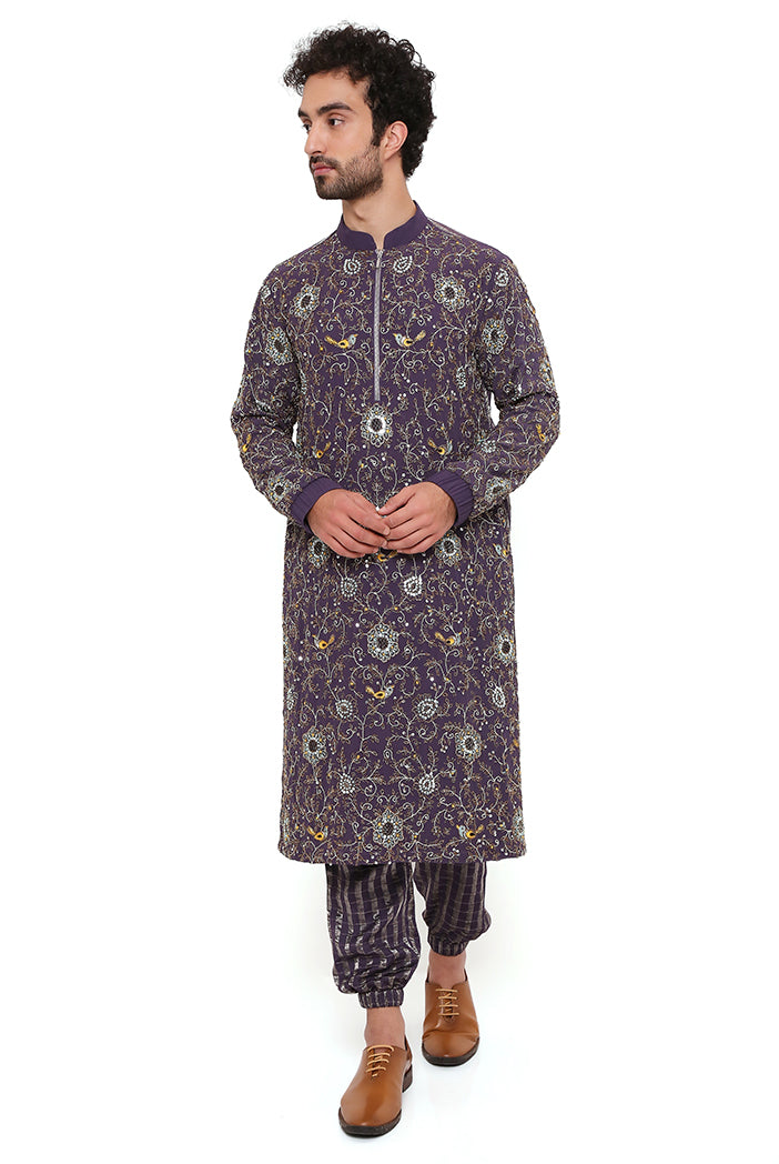 PURPLE GEORGETTE AND CHANDERI STRIPE FRONT EMBROIDERED BOMBER KURTA WITH CHANDERI STRIPE JOGGER PANT