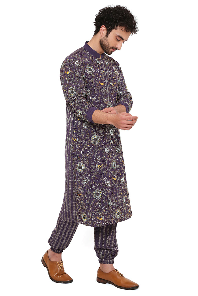 PURPLE GEORGETTE AND CHANDERI STRIPE FRONT EMBROIDERED BOMBER KURTA WITH CHANDERI STRIPE JOGGER PANT