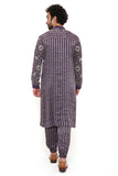 PURPLE GEORGETTE AND CHANDERI STRIPE FRONT EMBROIDERED BOMBER KURTA WITH CHANDERI STRIPE JOGGER PANT