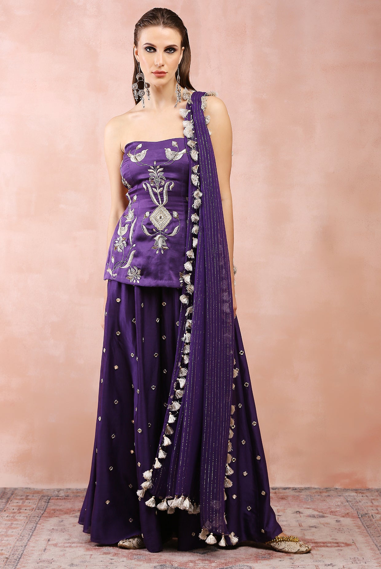 PURPLE EMBROIDERED TUBE BACKLESS KURTA WITH SHARARA AND DUPATTA