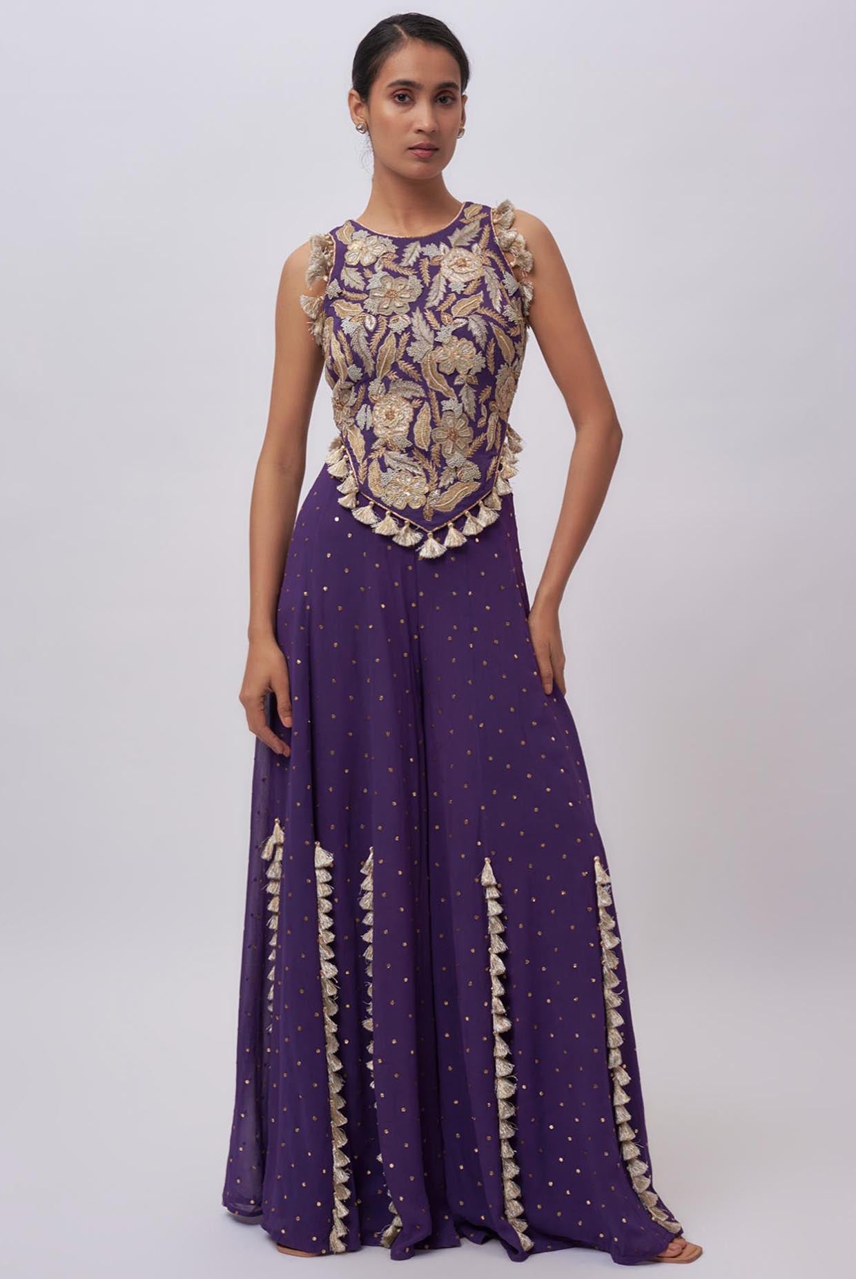 Purple Georgette Embroidred Choli And Mukaish Georgette Sharara