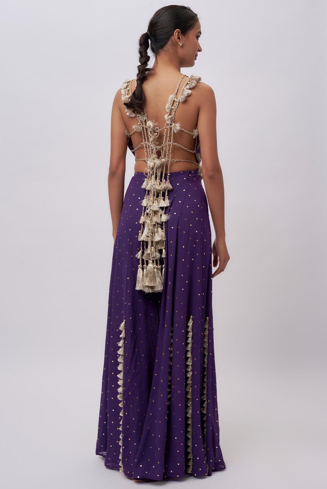 Purple Georgette Embroidred Choli And Mukaish Georgette Sharara