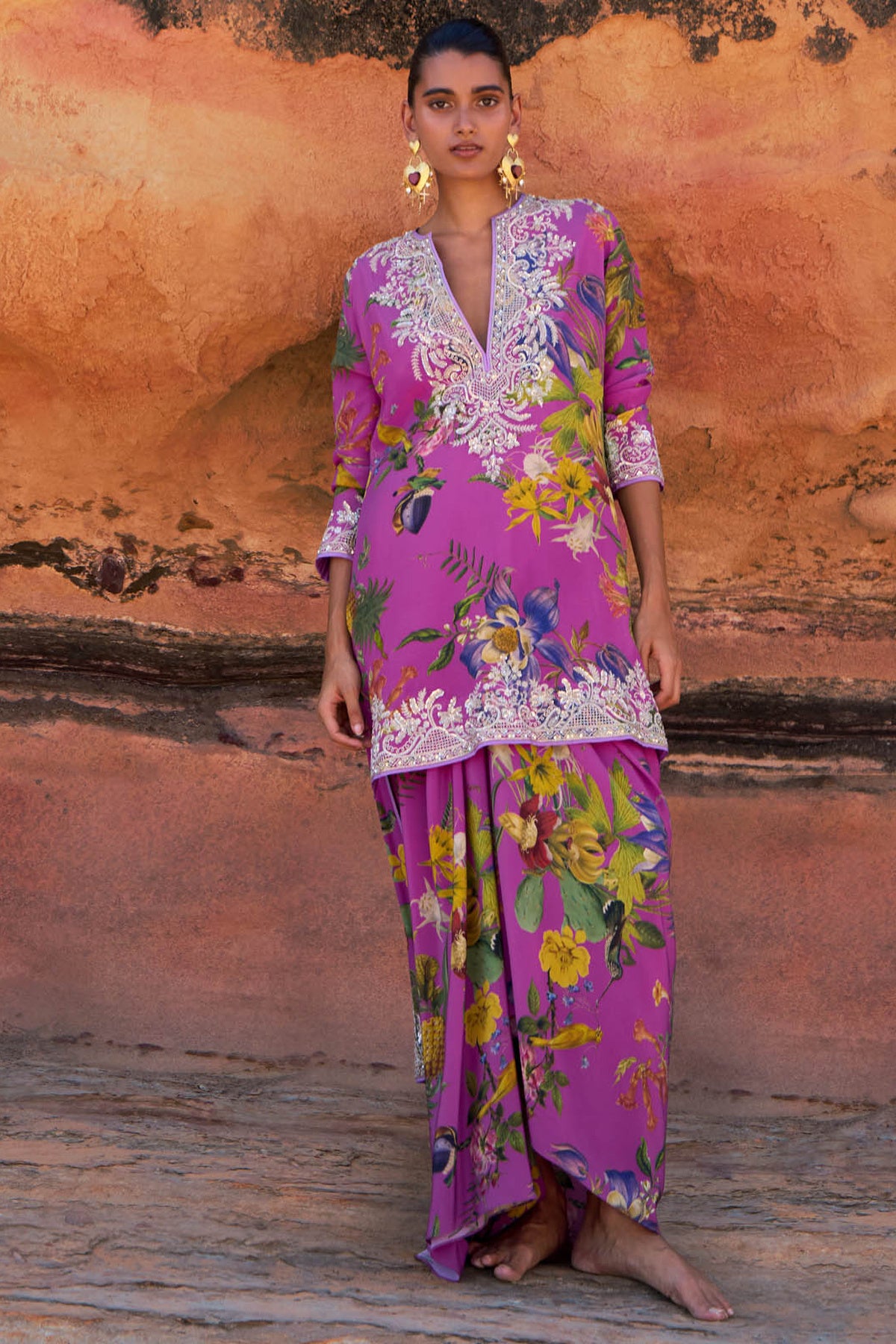 Purple Mahek Printed  High Low Kurta Skirt Set