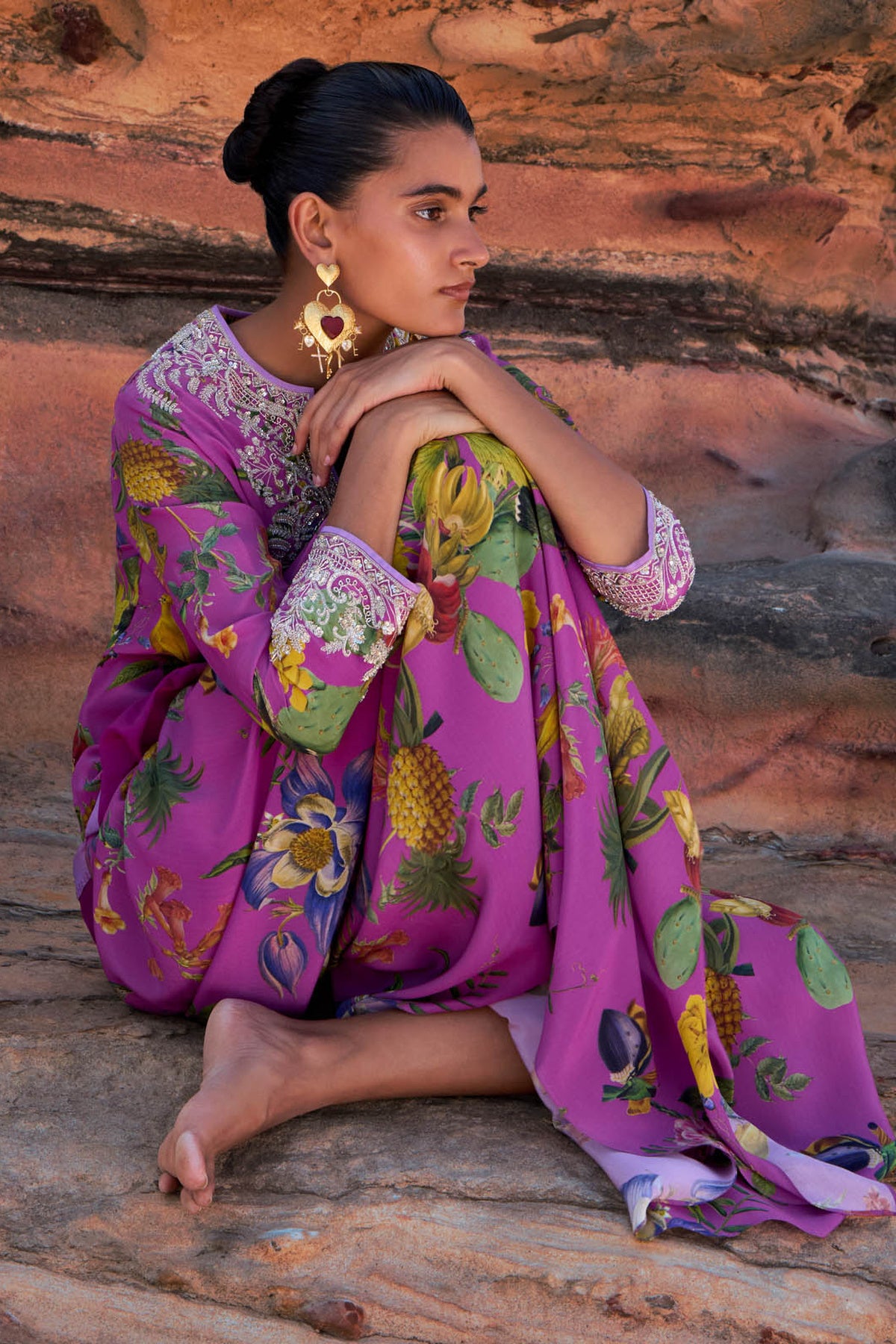 Purple Mahek Printed  High Low Kurta Skirt Set