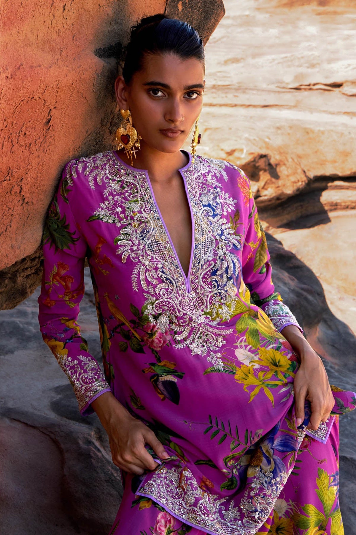 Purple Mahek Printed  High Low Kurta Skirt Set