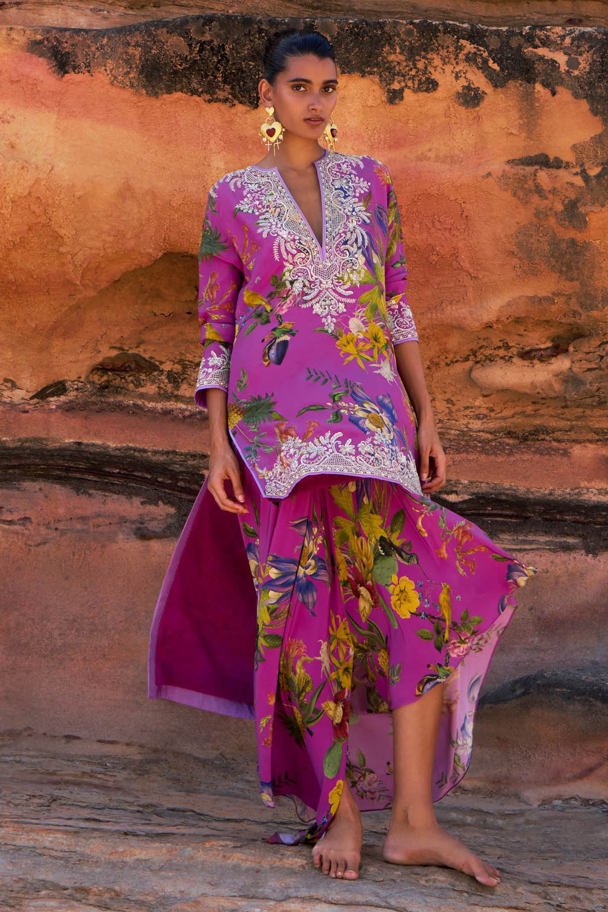 Purple Mahek Printed  High Low Kurta Skirt Set