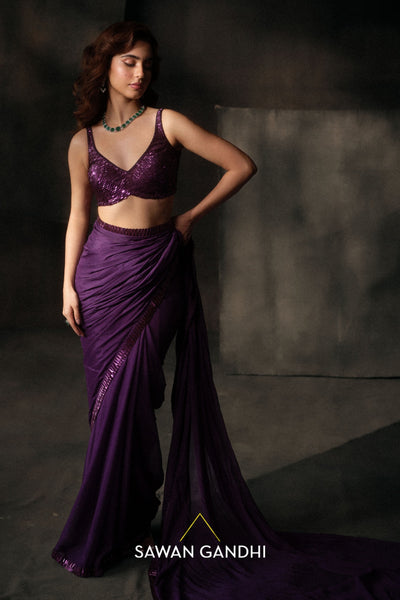 Purple sequins border saree - Ready To Ship