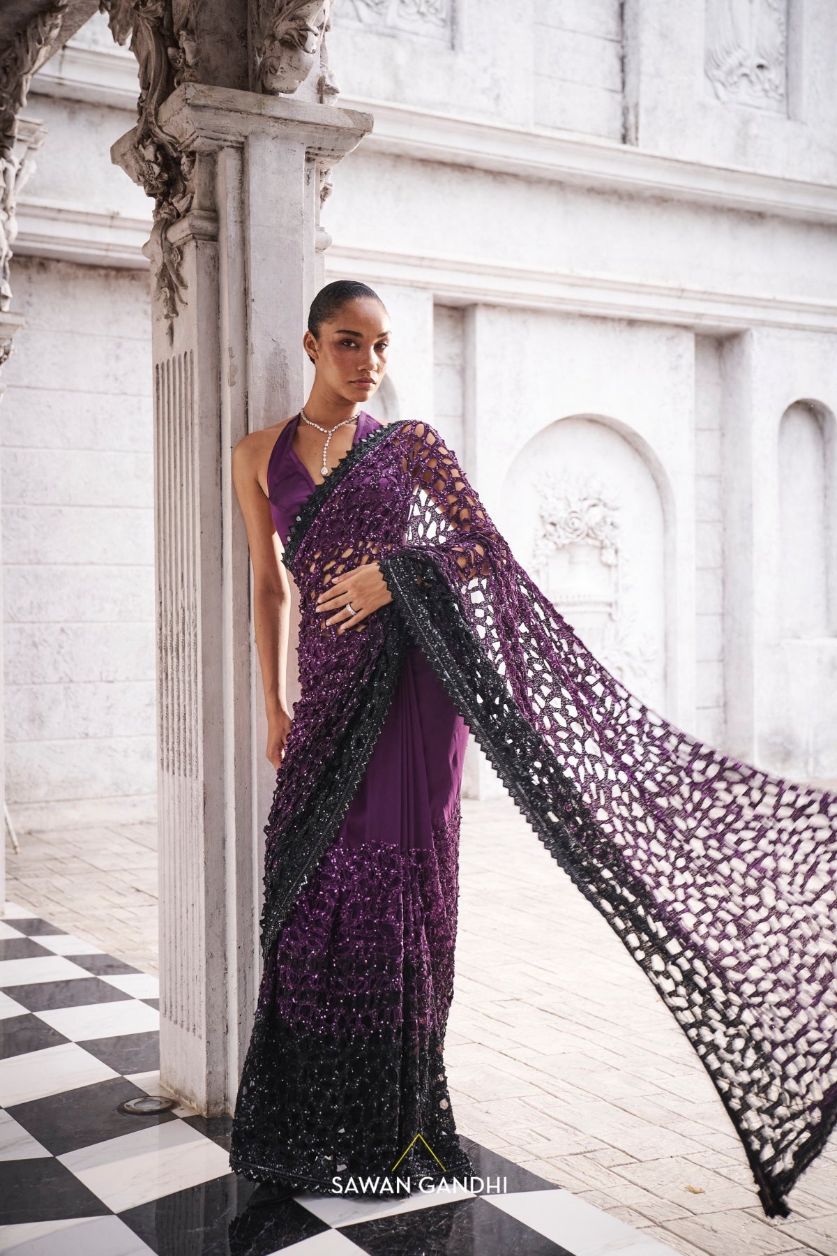 Purple to black ombre cutwork saree