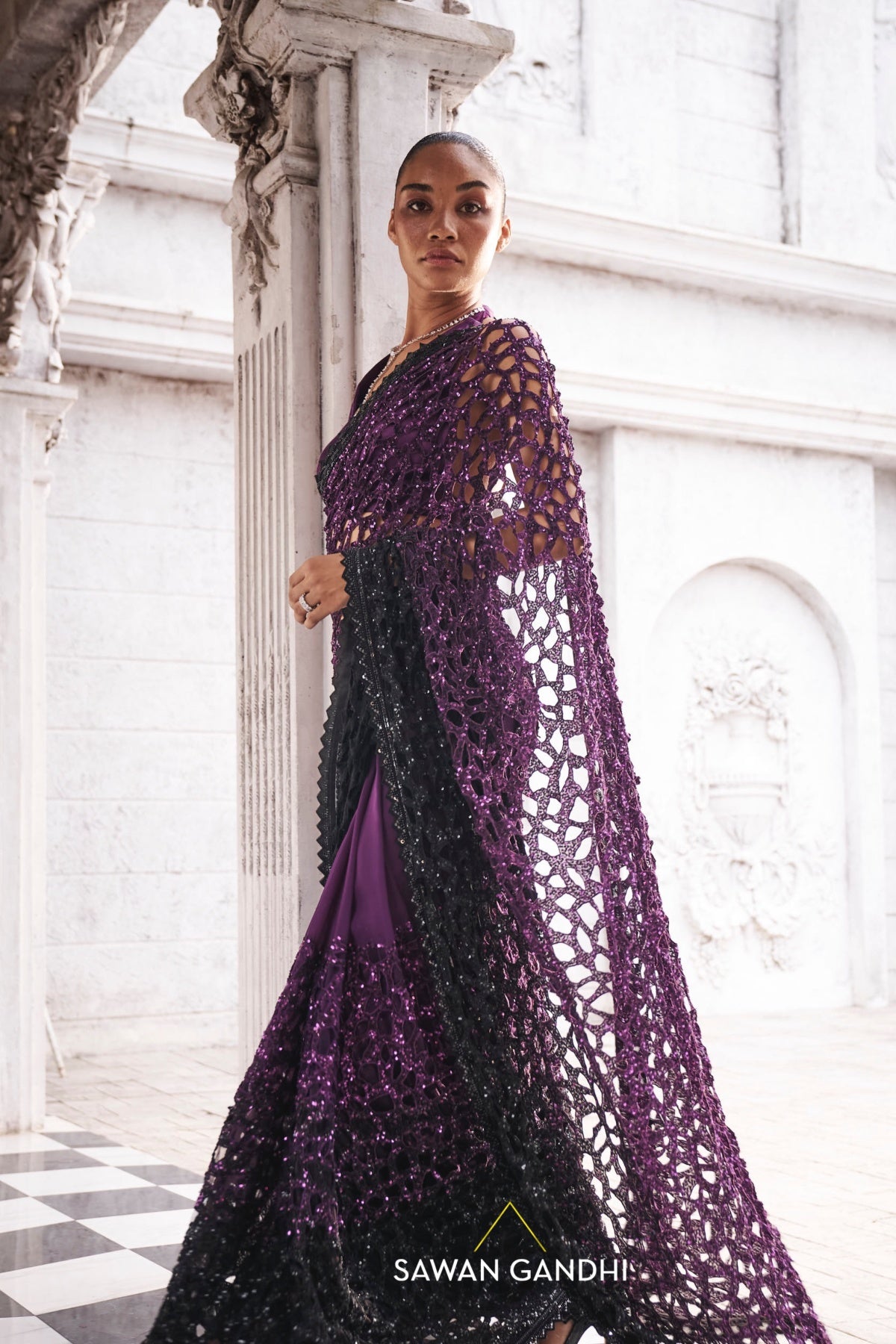 Purple to black ombre cutwork saree
