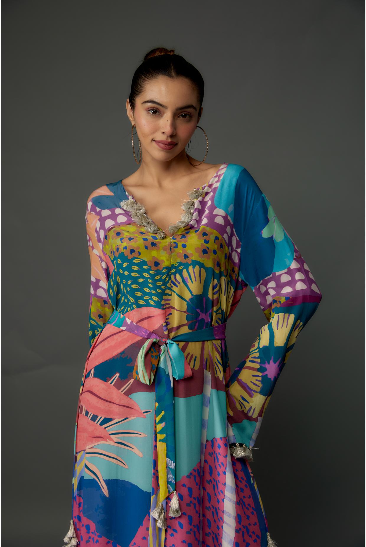 Purple Tropical Print Crepe Long Beyza Kaftan